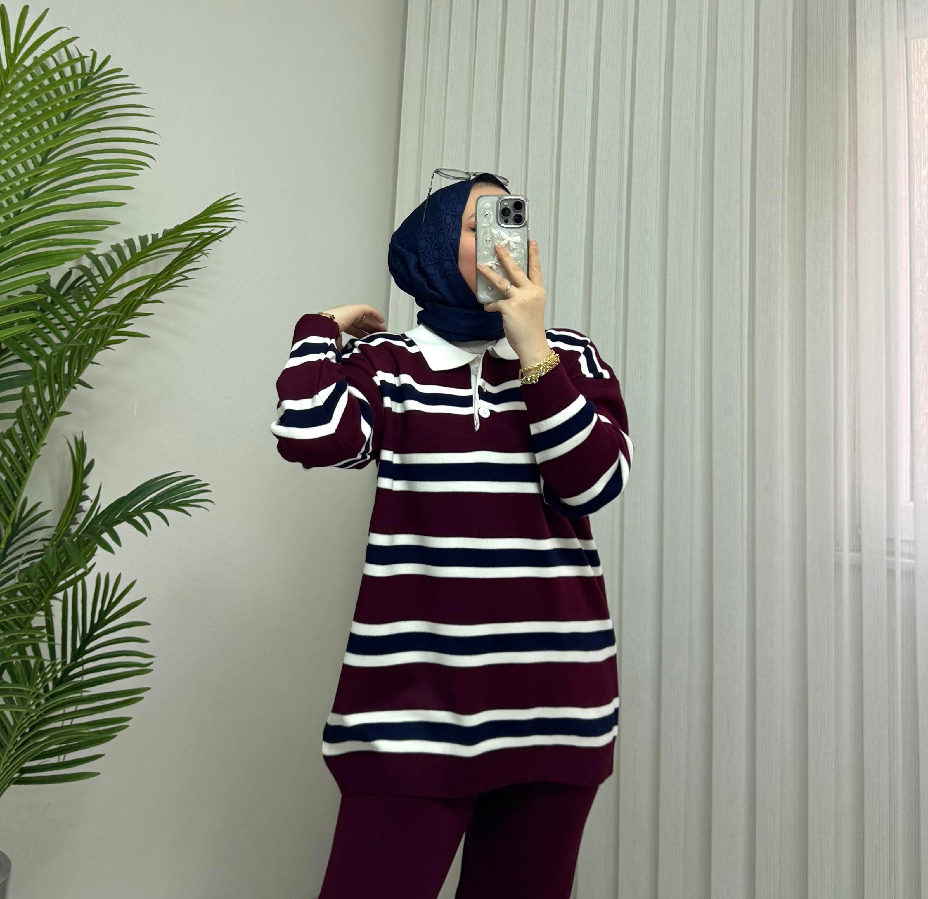 Poli Poolo Yaka Çizgili Triko Takım Bordo
