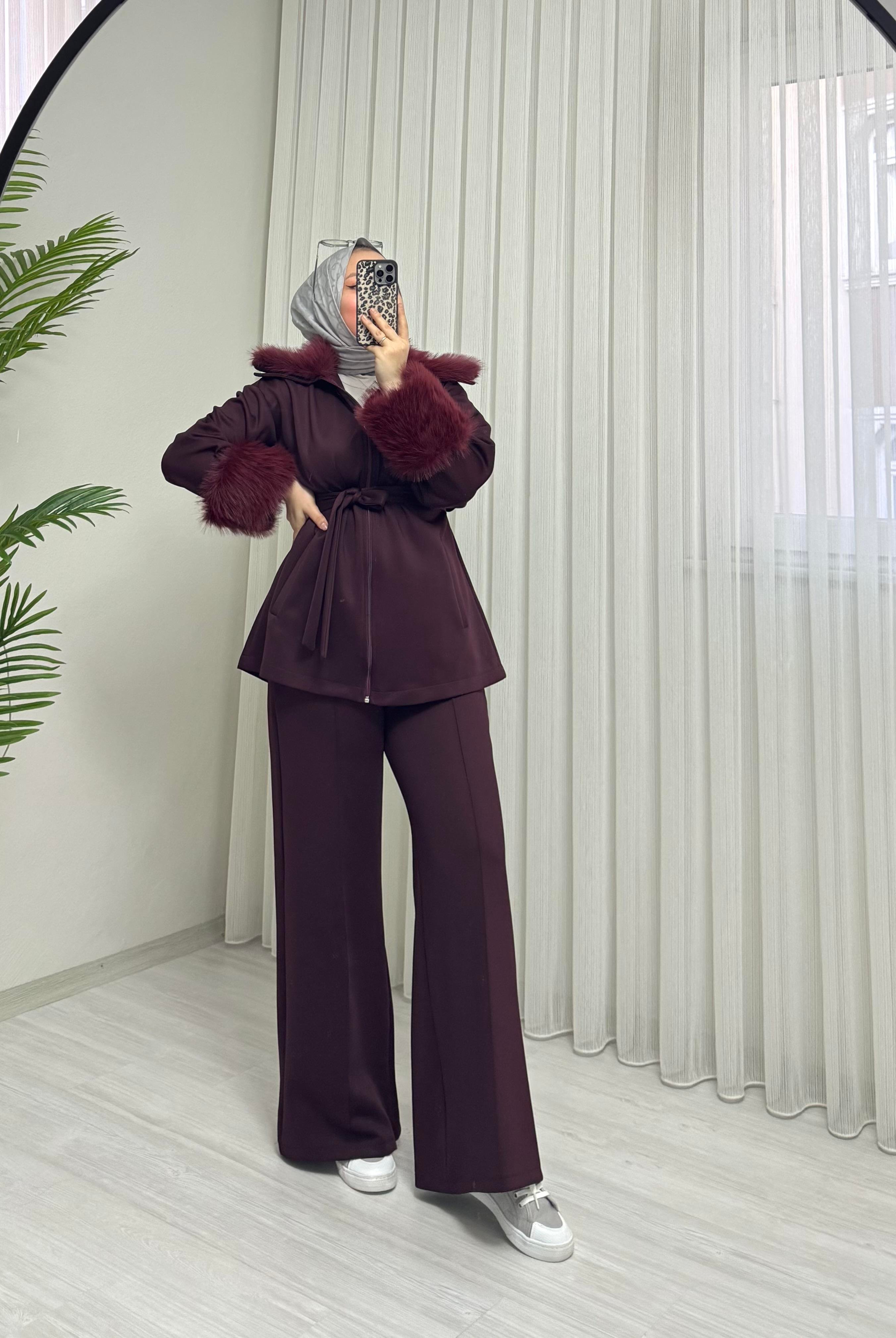 Poli Premiyum Kürklü Scuba Takım Bordo