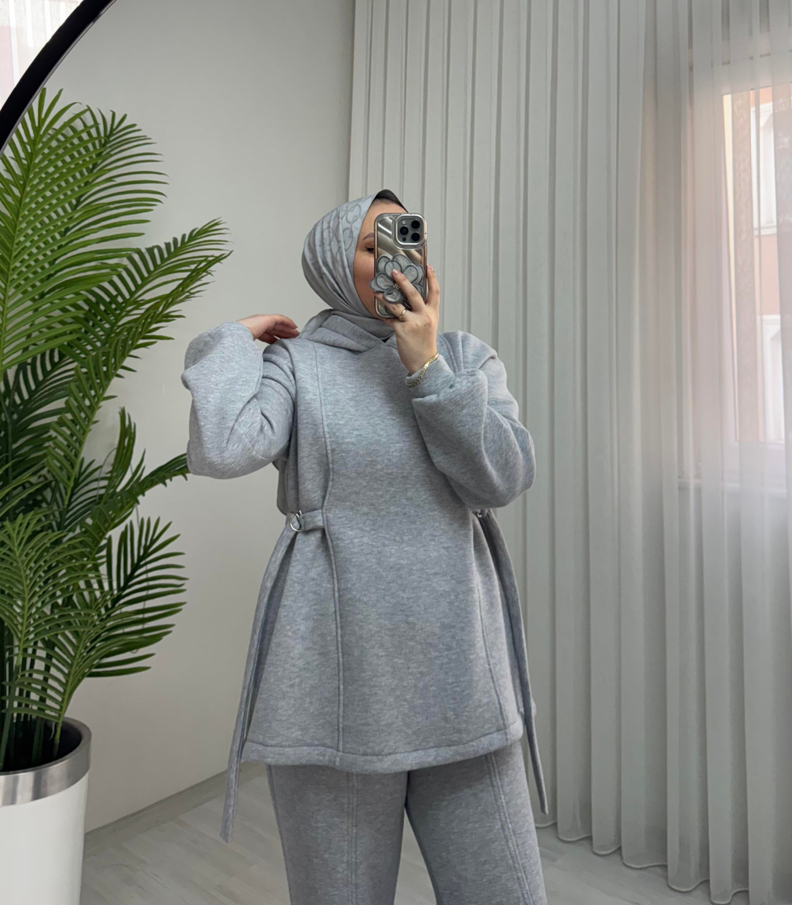 Poli Şardonlu D Kemer detaylı Takım Gri