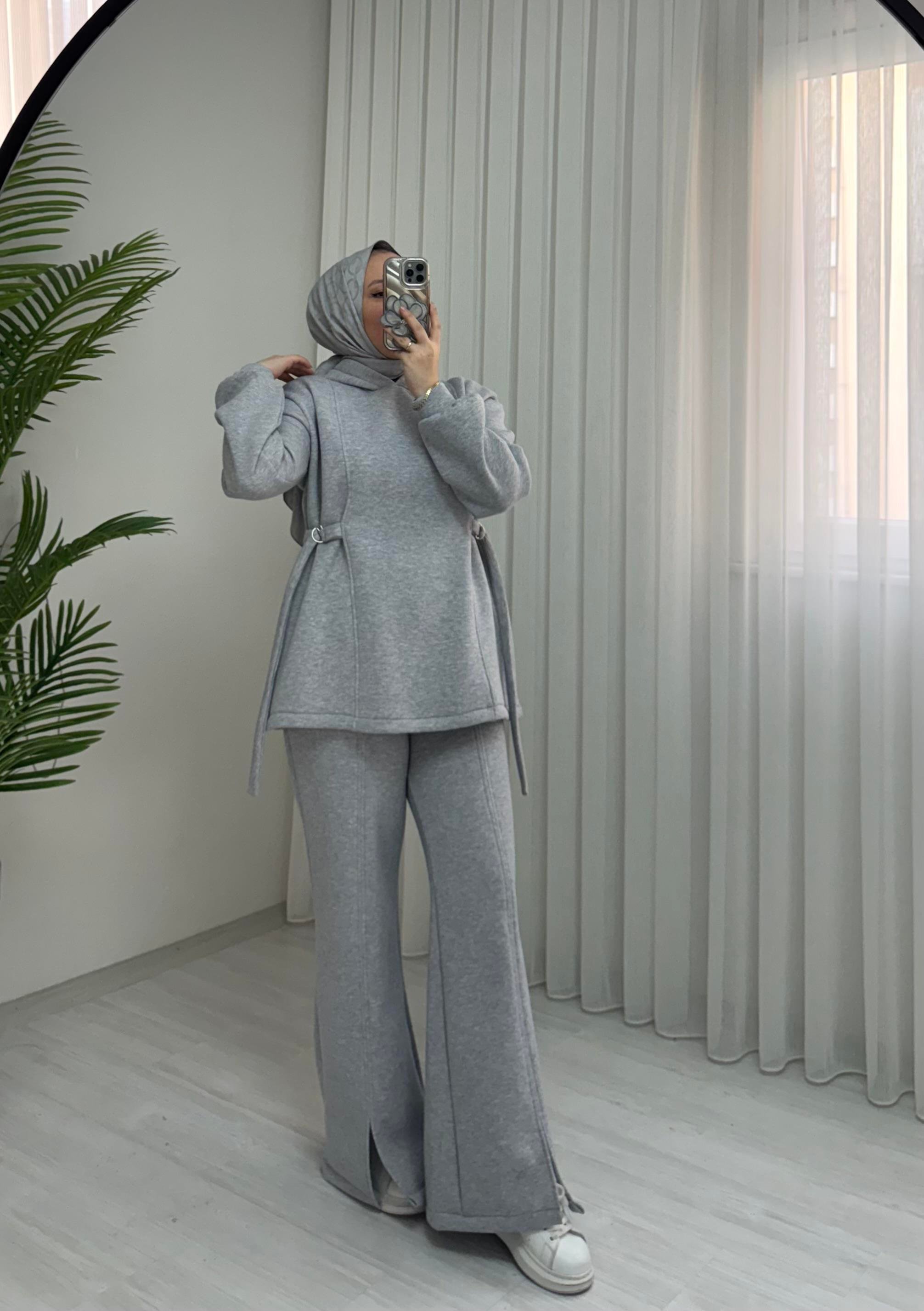 Poli Şardonlu D Kemer detaylı Takım Gri