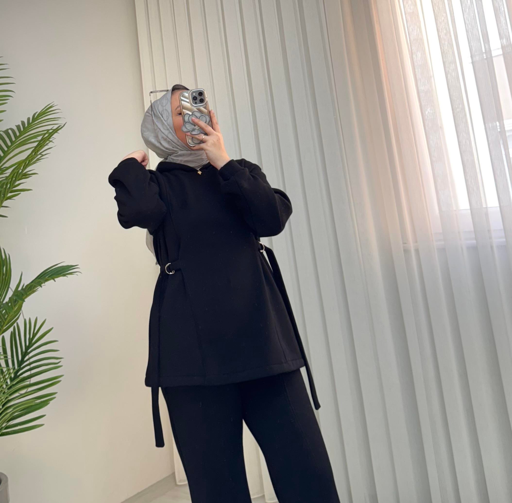 Poli Şardonlu D Kemer detaylı Takım Siyah