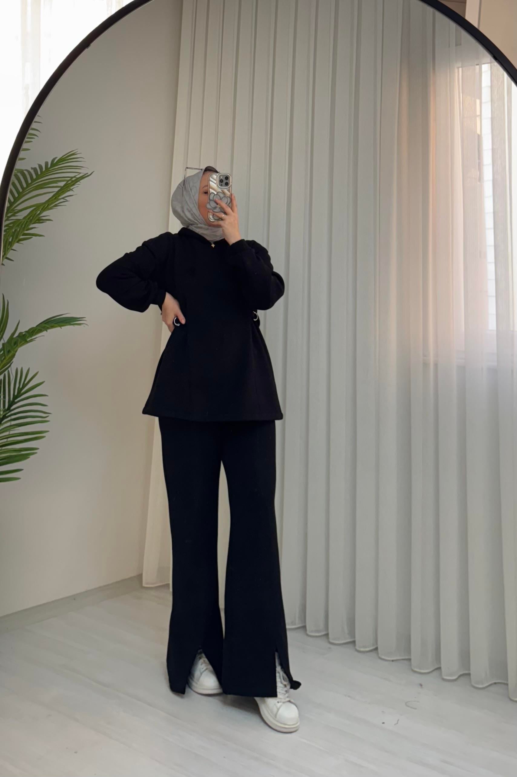 Poli Şardonlu D Kemer detaylı Takım Siyah