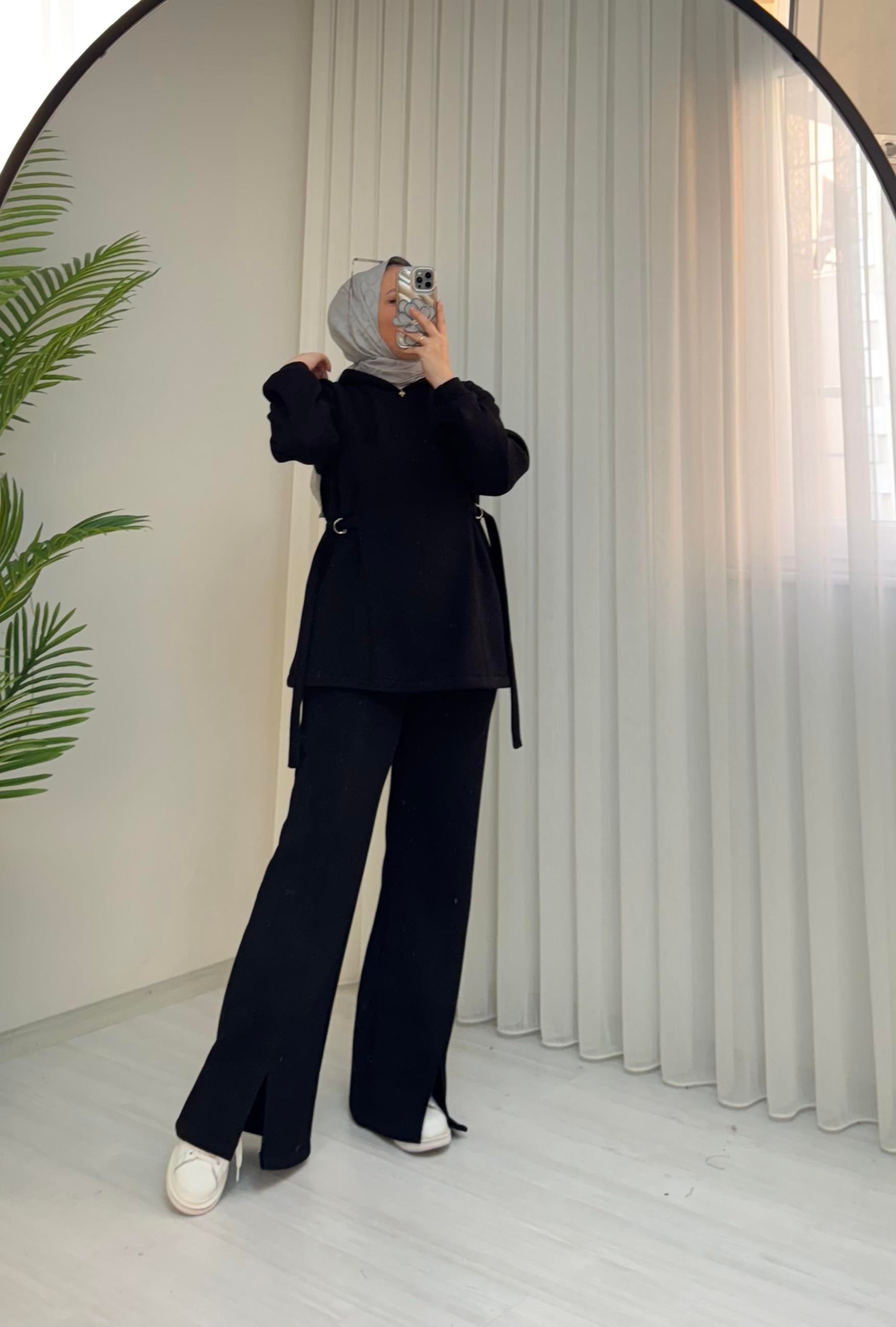Poli Şardonlu D Kemer detaylı Takım Siyah