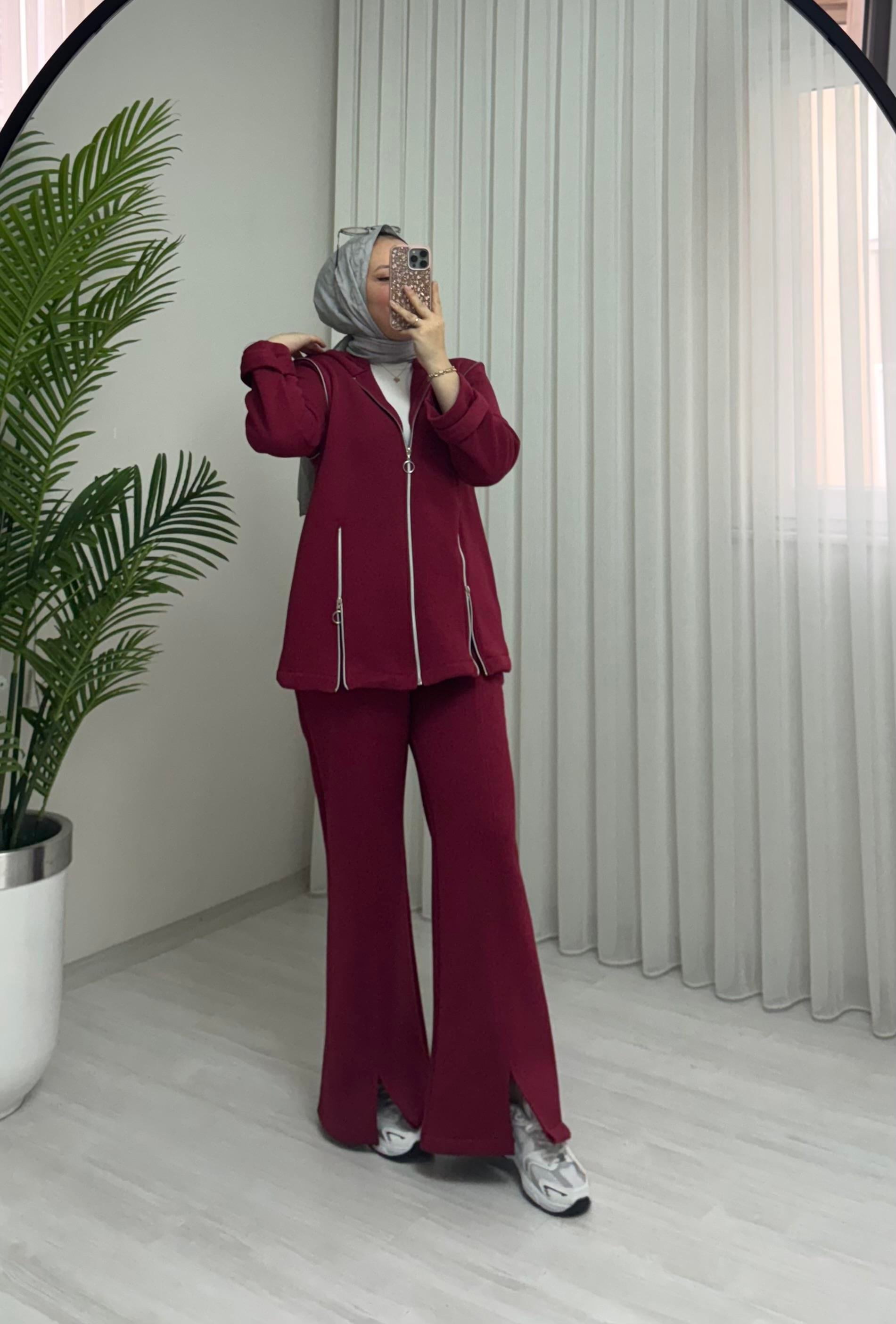 Poli Şardonlu Fermuarlı Takım Bordo