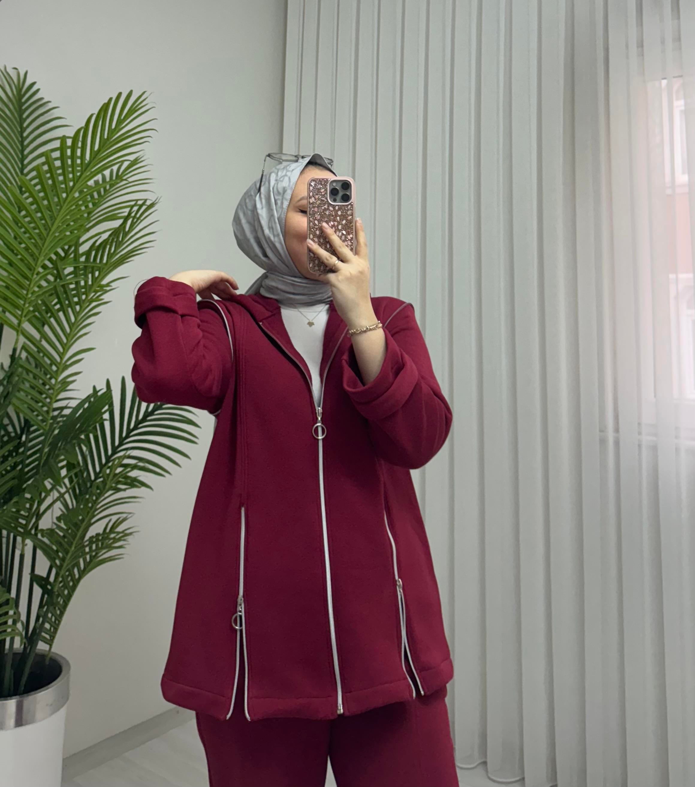 Poli Şardonlu Fermuarlı Takım Bordo