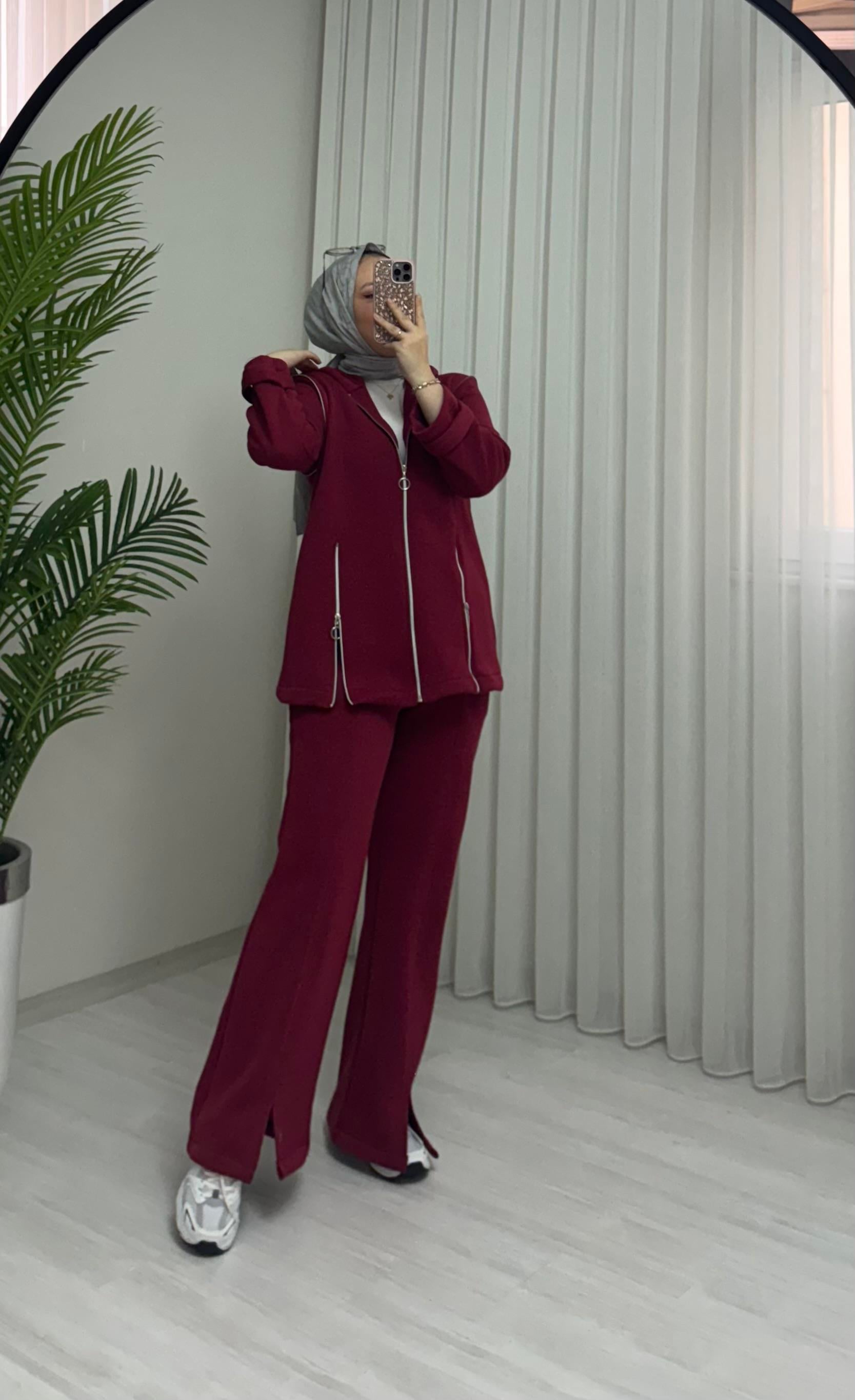Poli Şardonlu Fermuarlı Takım Bordo