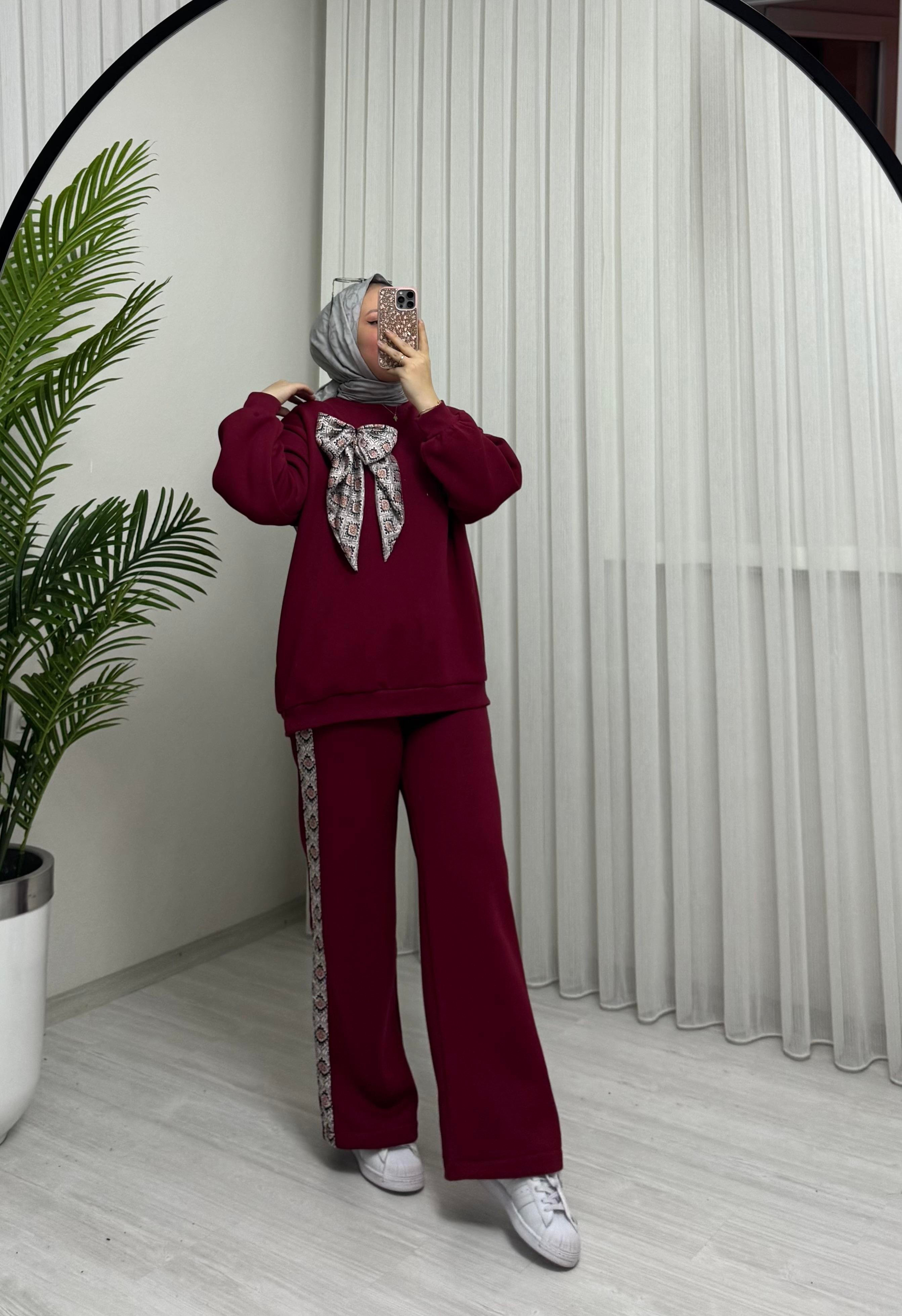 Poli Şardonlu Flarlı Takım Bordo