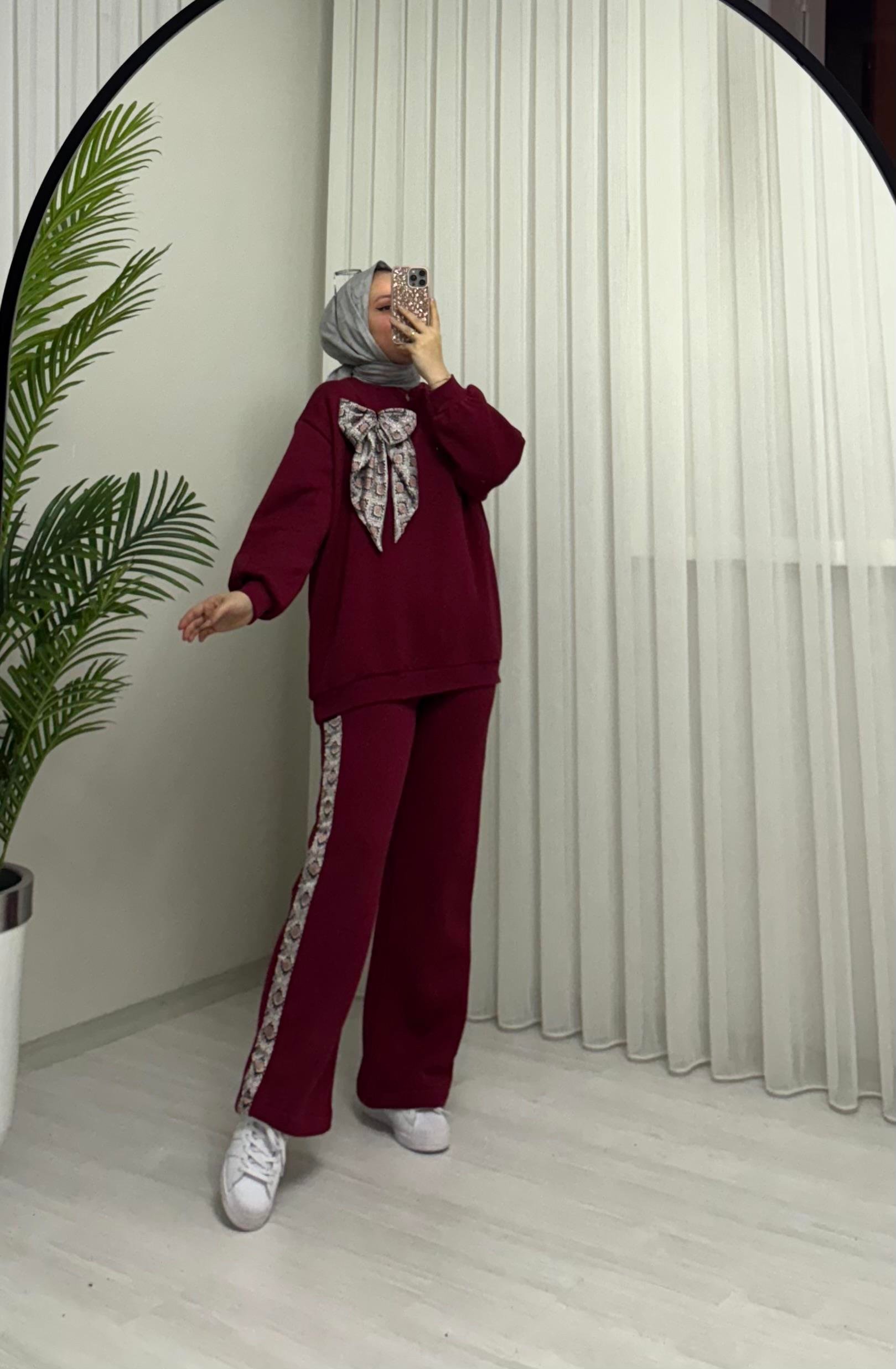 Poli Şardonlu Flarlı Takım Bordo