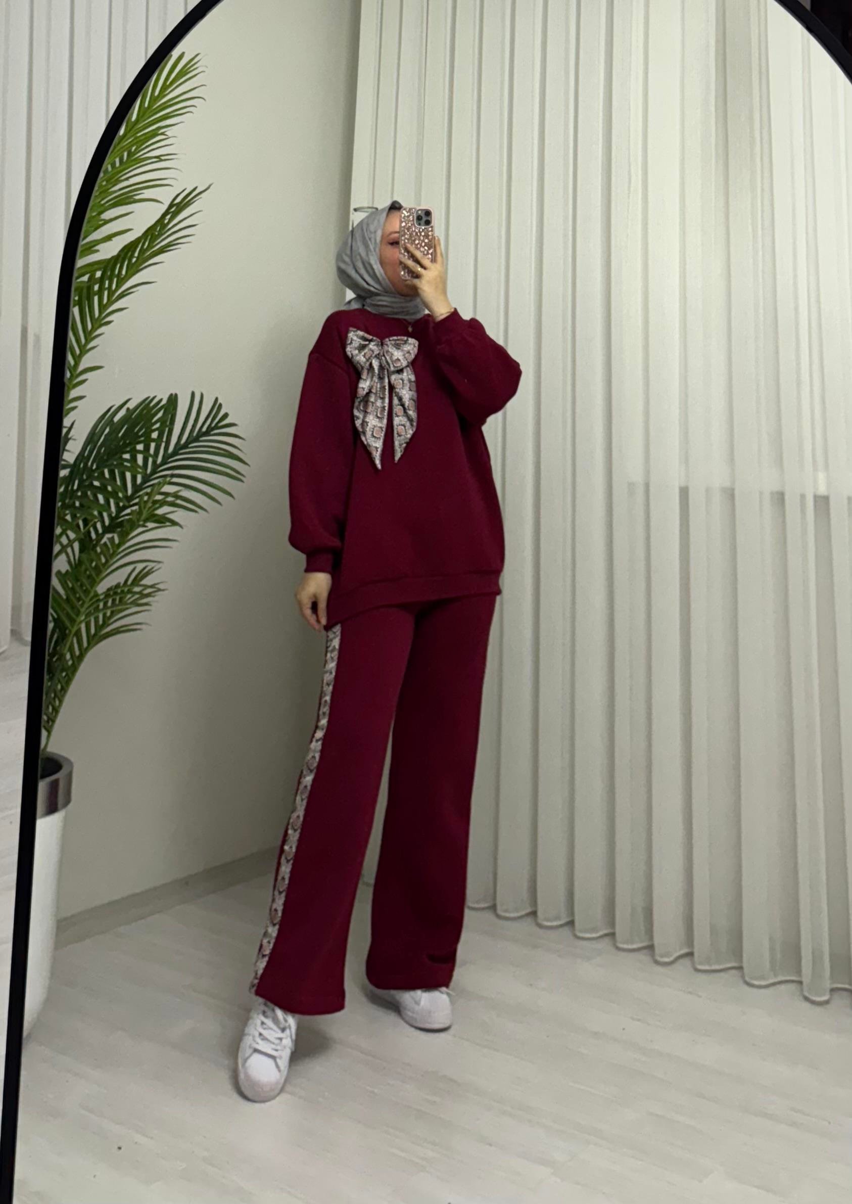 Poli Şardonlu Flarlı Takım Bordo
