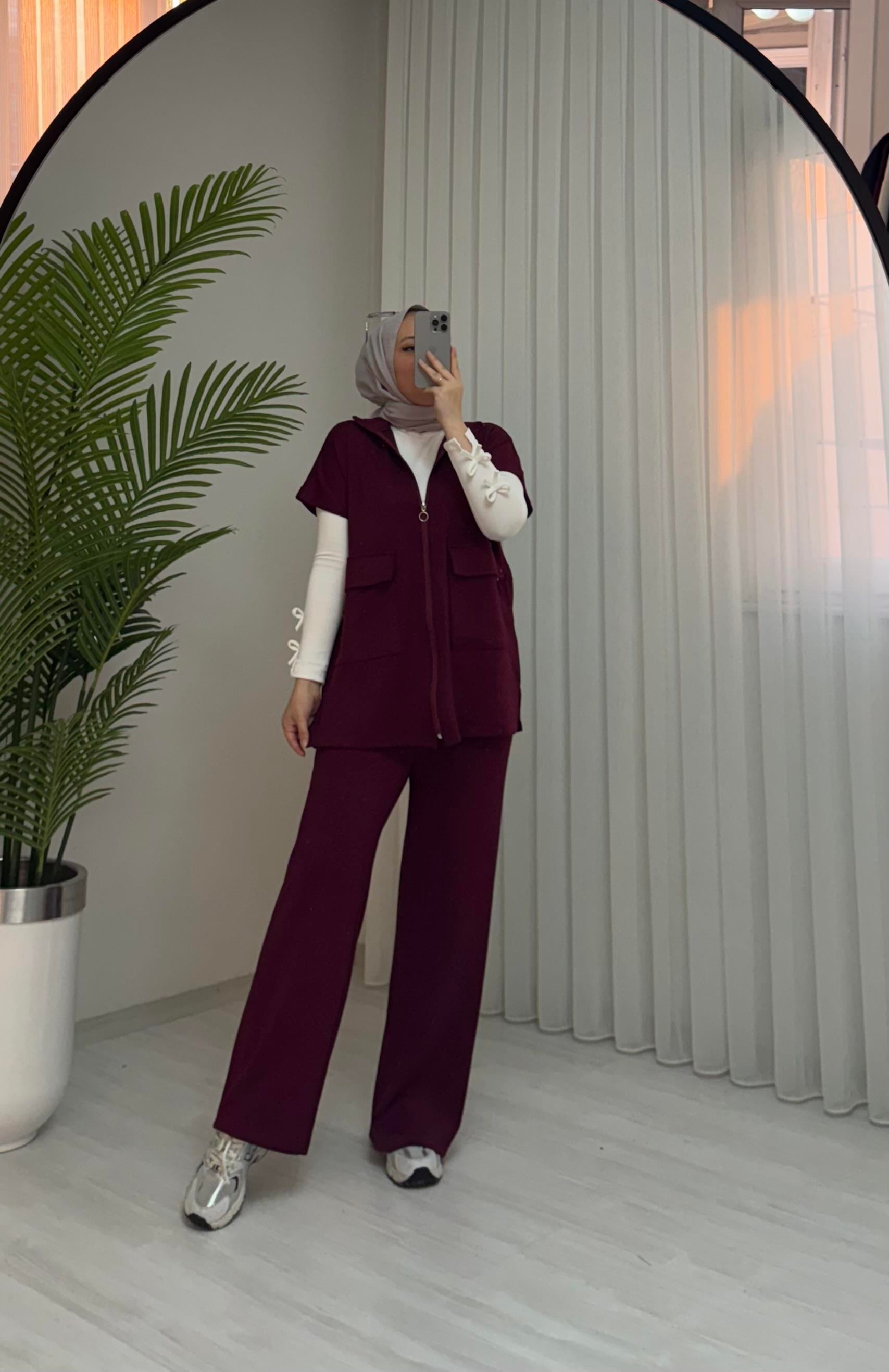 Poli Torba Cepli Yelekli Takım Bordo