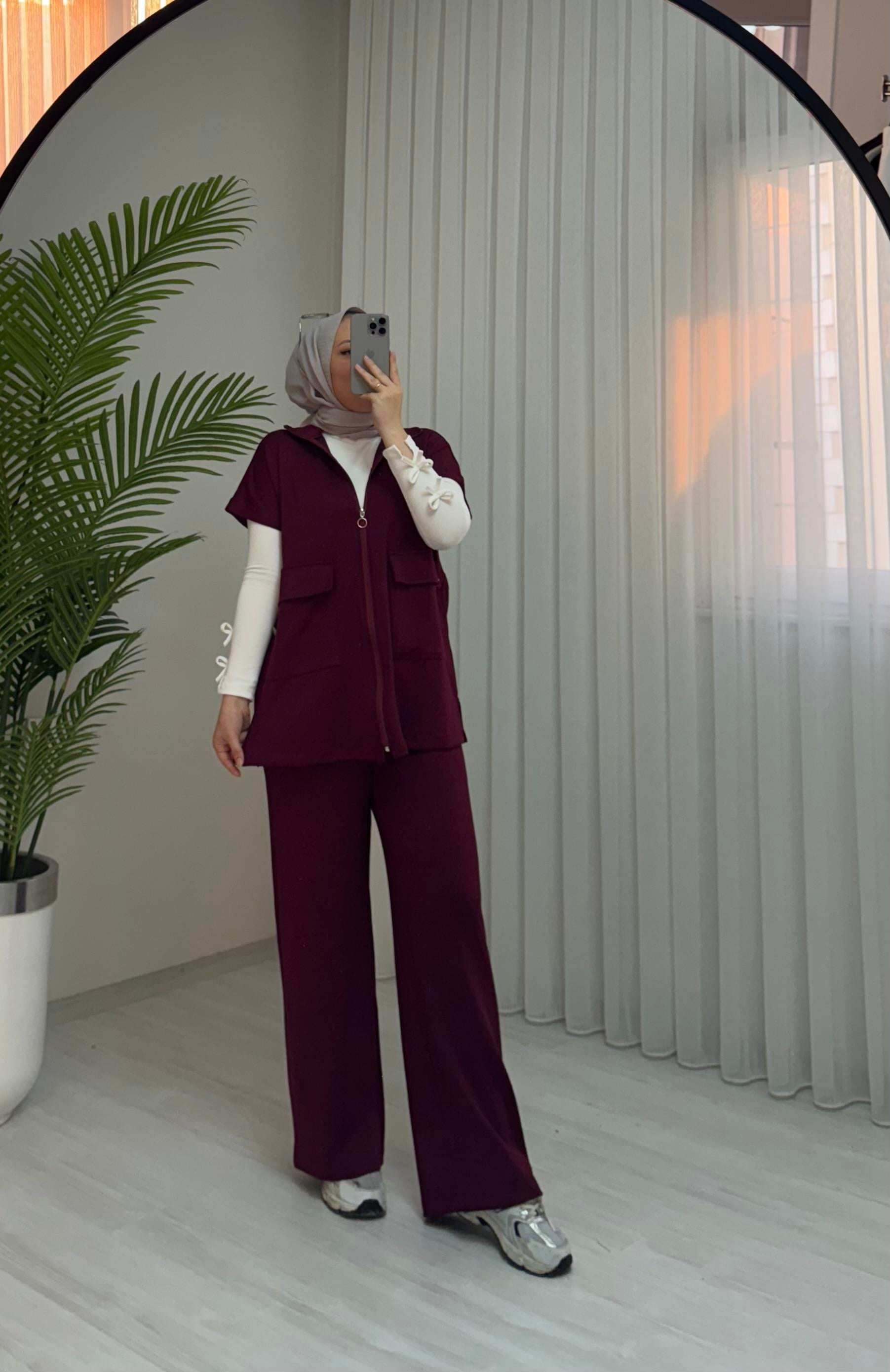 Poli Torba Cepli Yelekli Takım Bordo