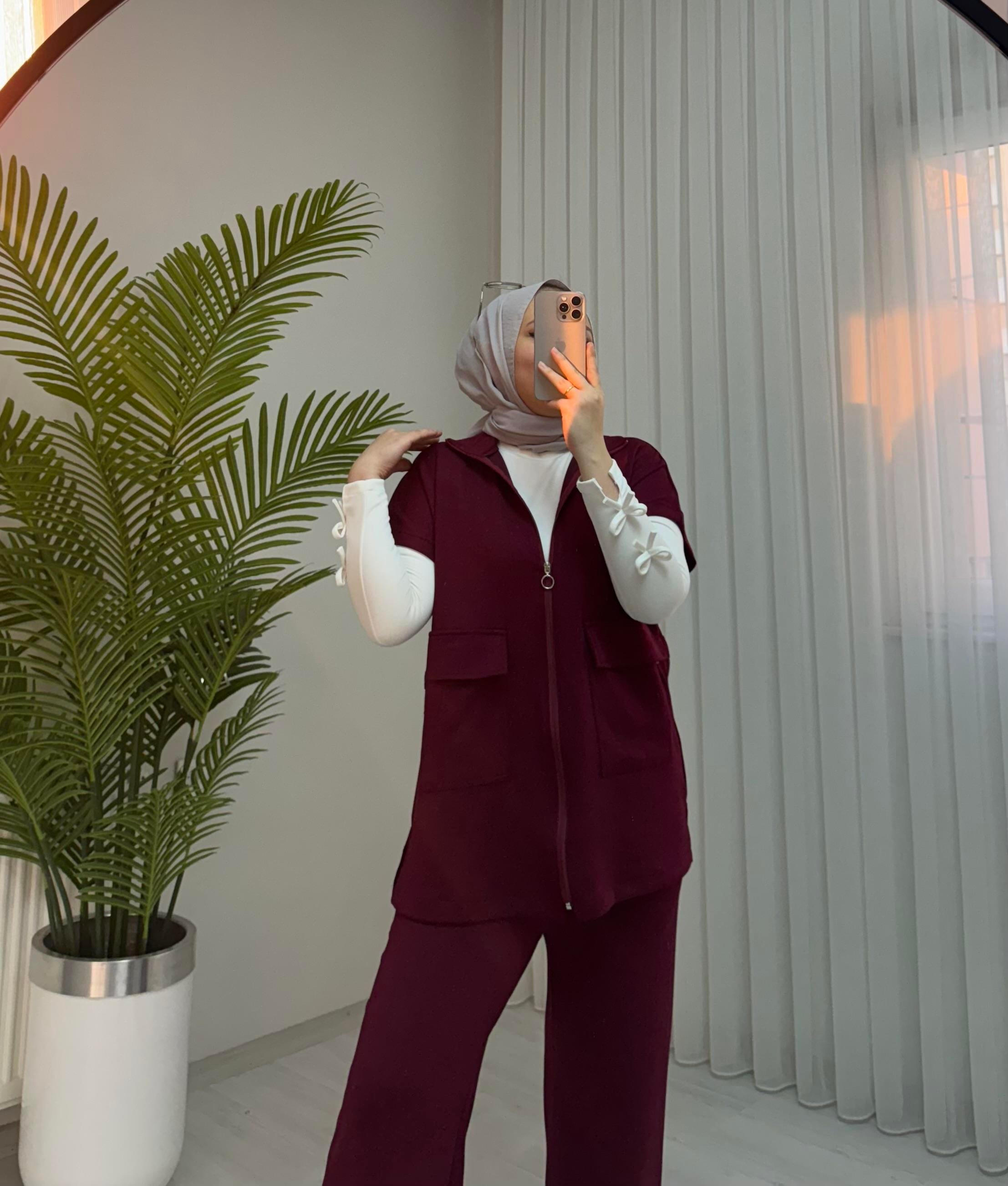 Poli Torba Cepli Yelekli Takım Bordo