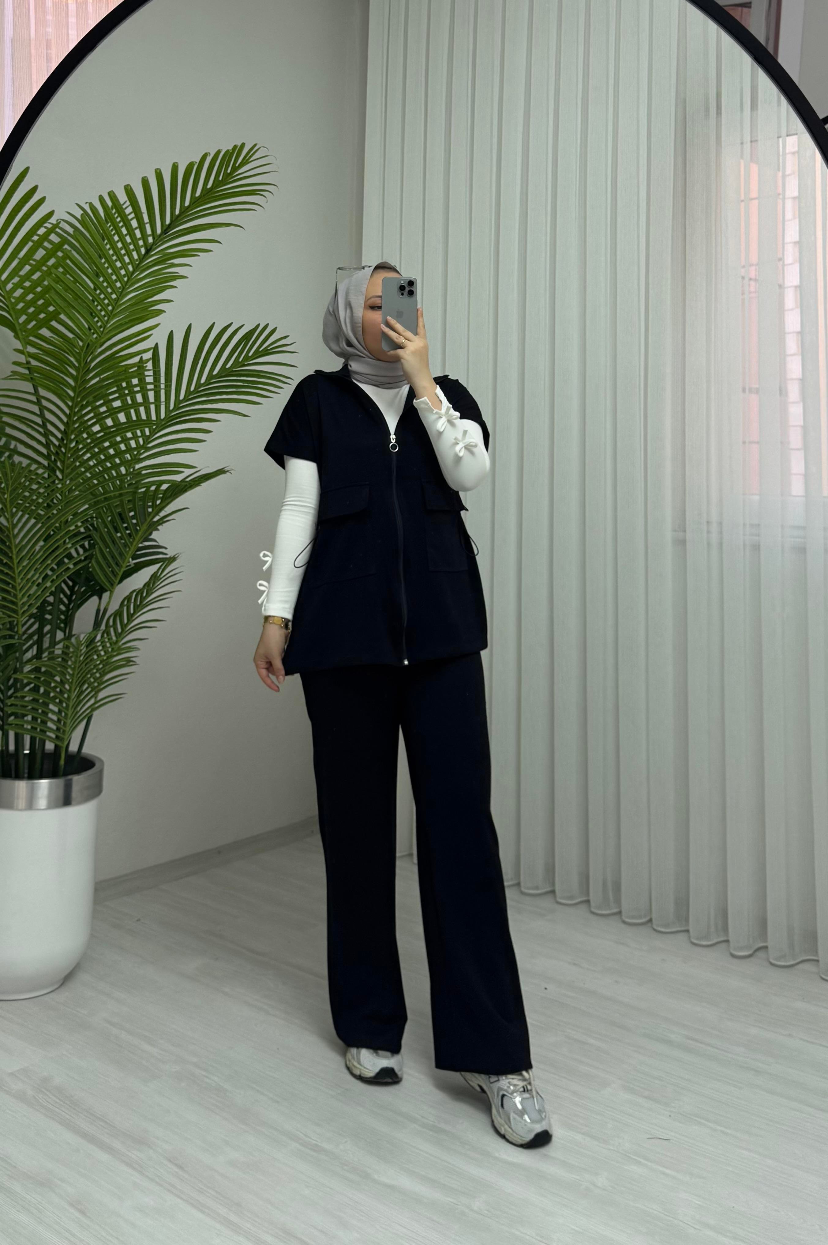 Poli Torba Cepli Yelekli Takım Siyah