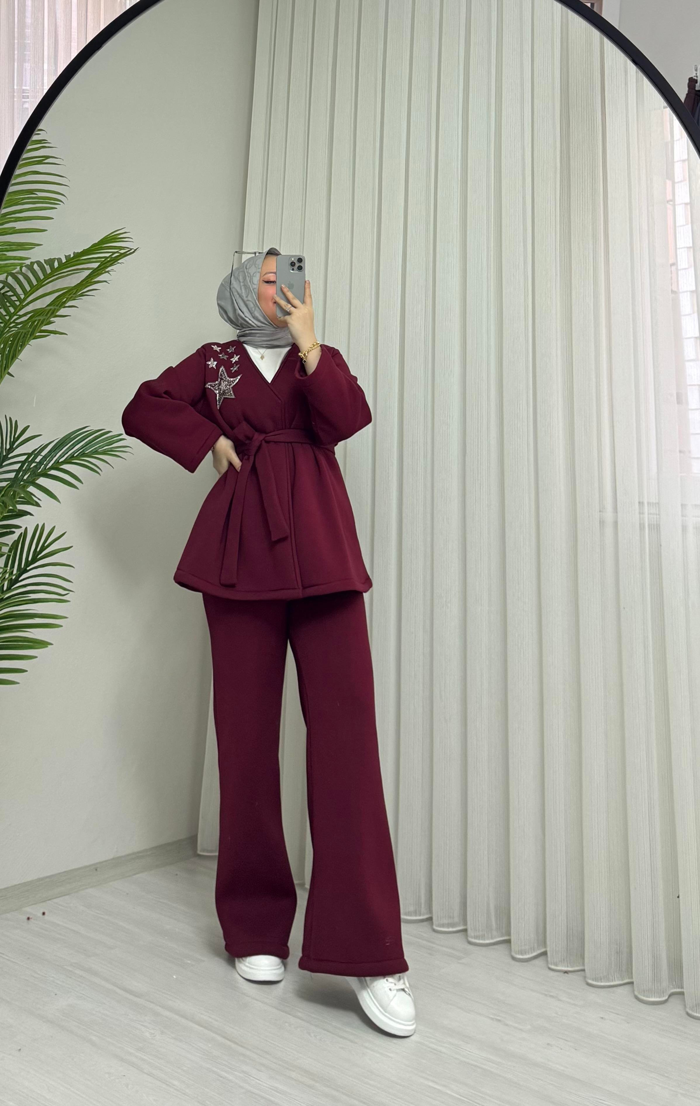 Poli Yıldız Detaylı Şardonlu Takım Bordo