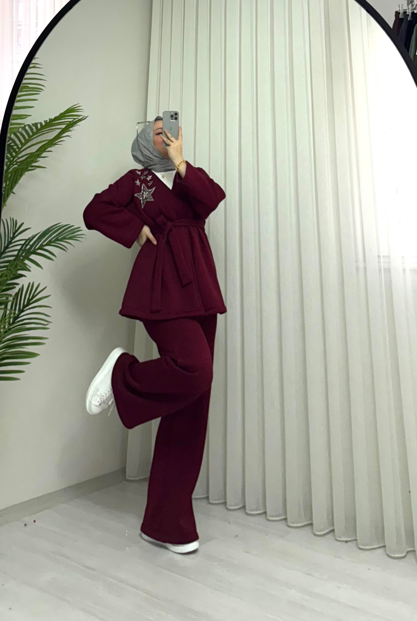 Poli Yıldız Detaylı Şardonlu Takım Bordo