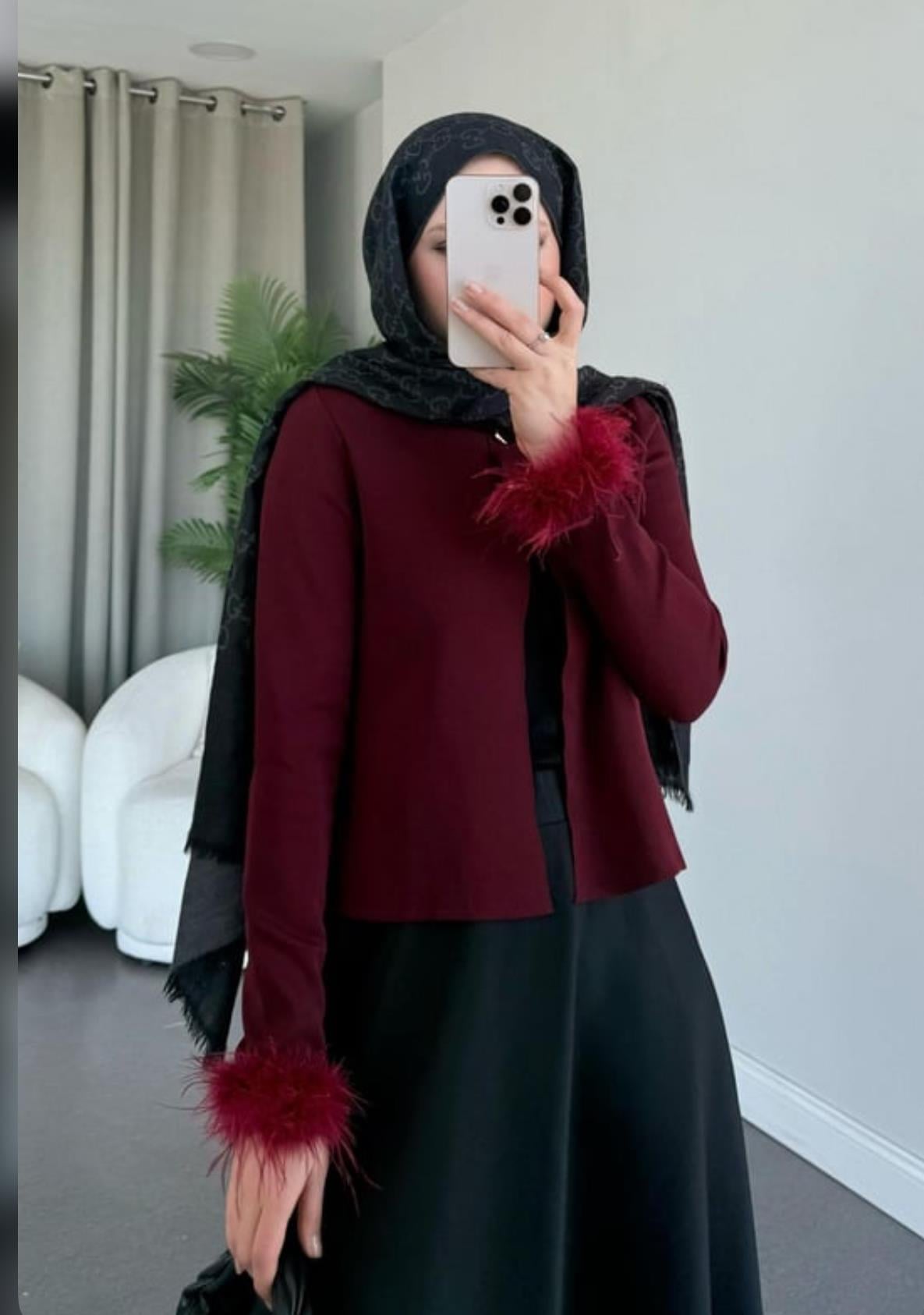 Qup Bilekleri Tüylü Merserize Hırka Bordo