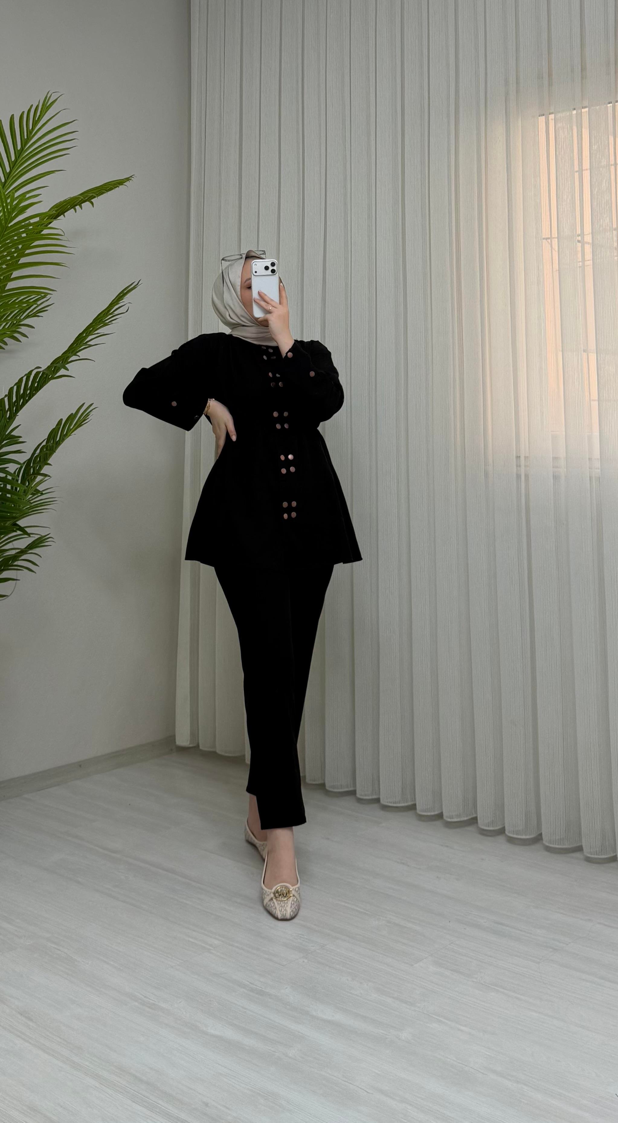 Qup Çift Çıtlı Krep Takım Siyah