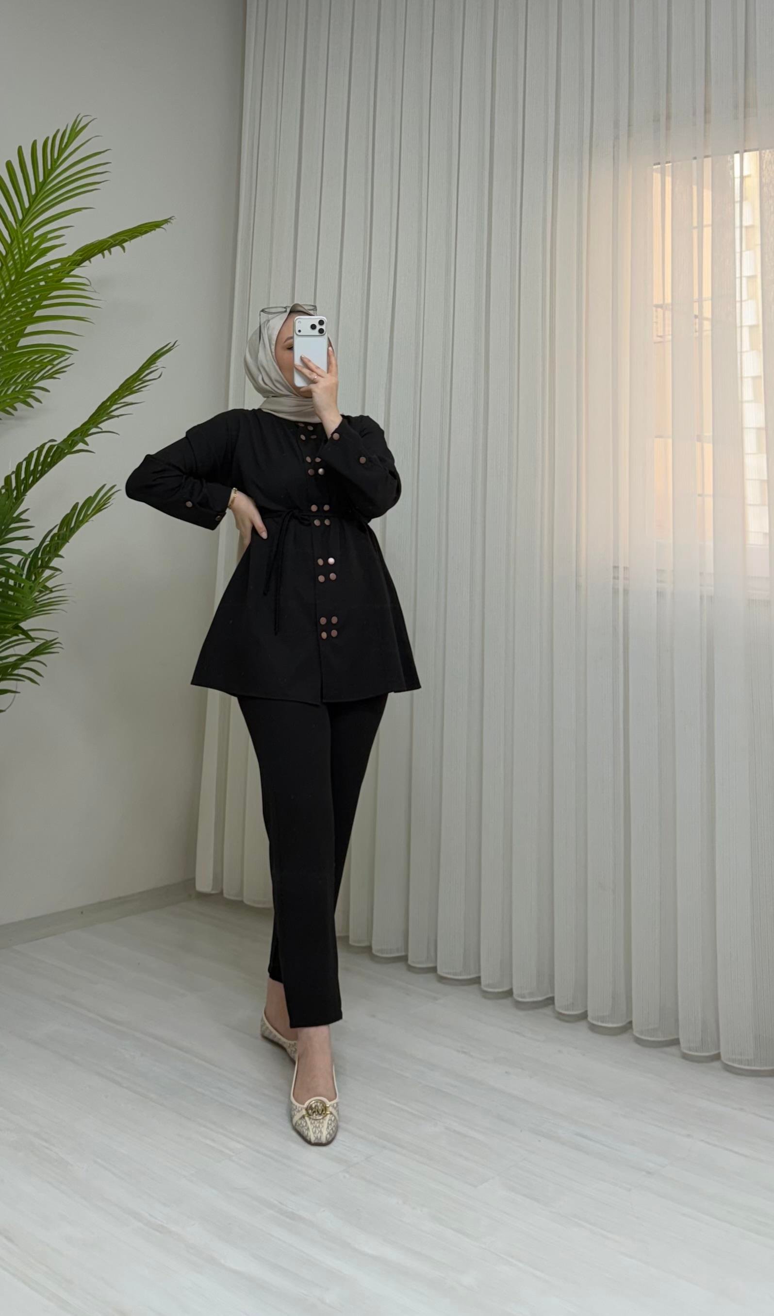 Qup Çift Çıtlı Krep Takım Siyah