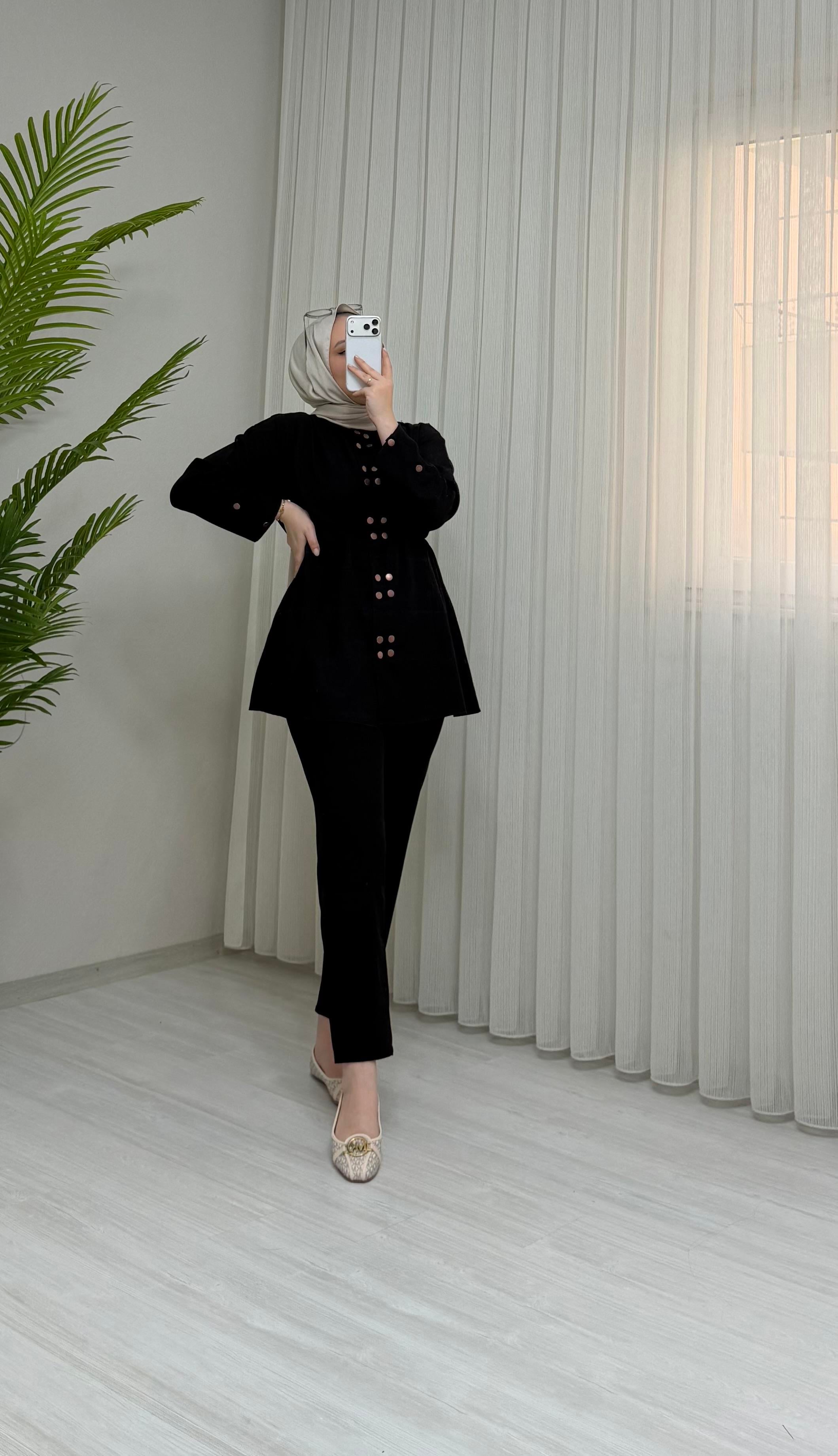 Qup Çift Çıtlı Krep Takım Siyah