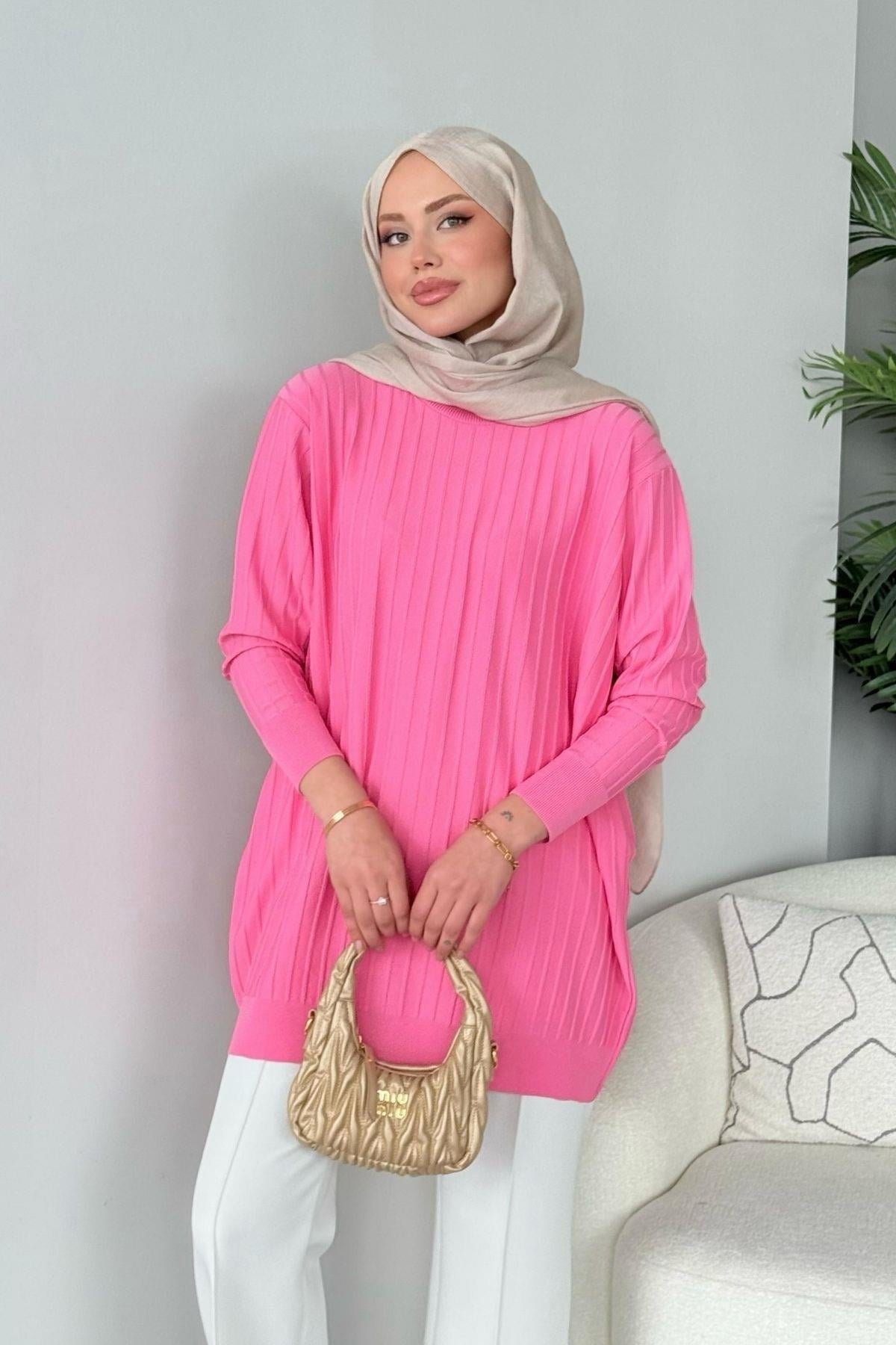Qup Çizgili Tunk Merserize Pembe