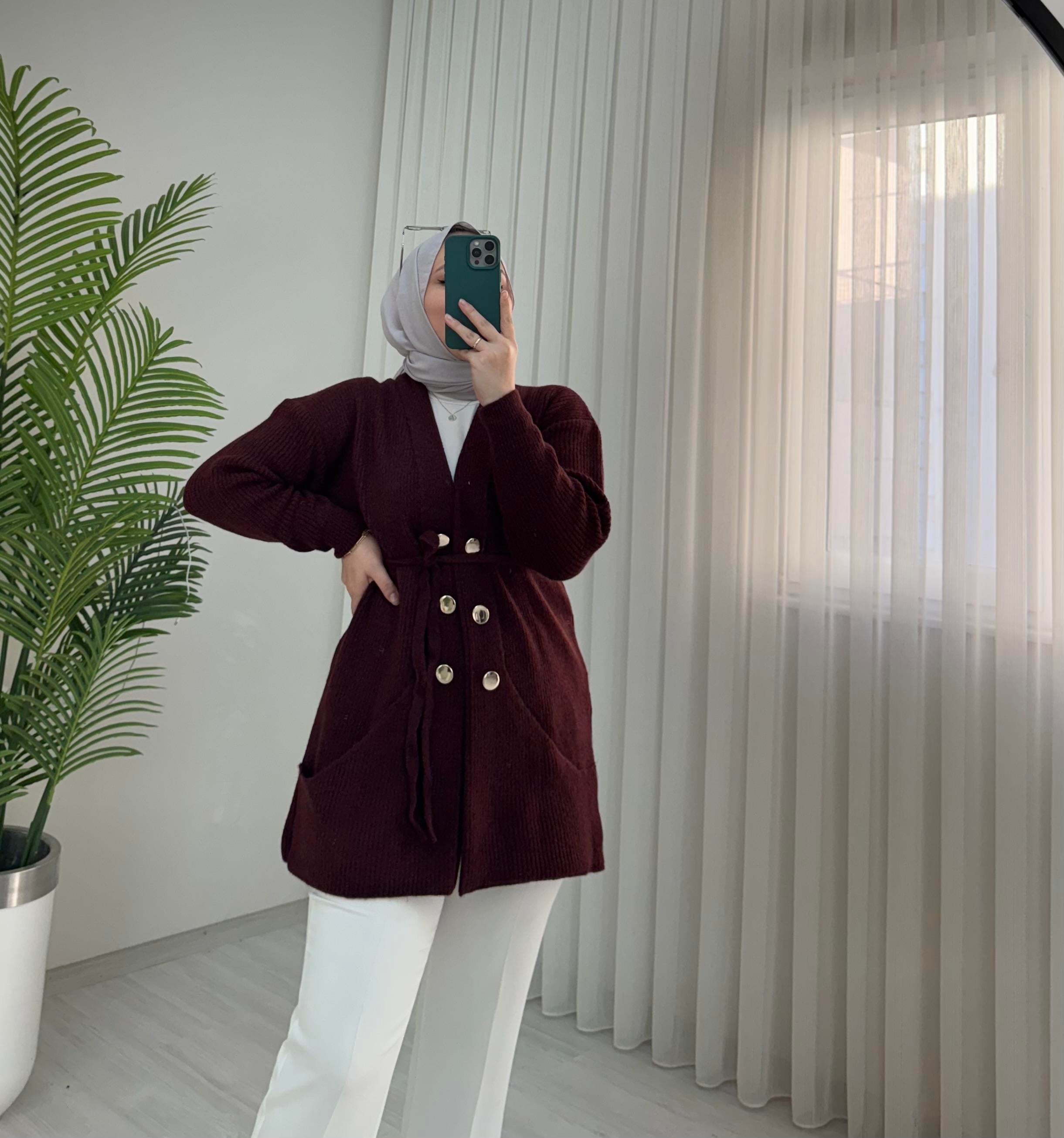 Qup Gold Düğmeli Triko Hırka Bordo