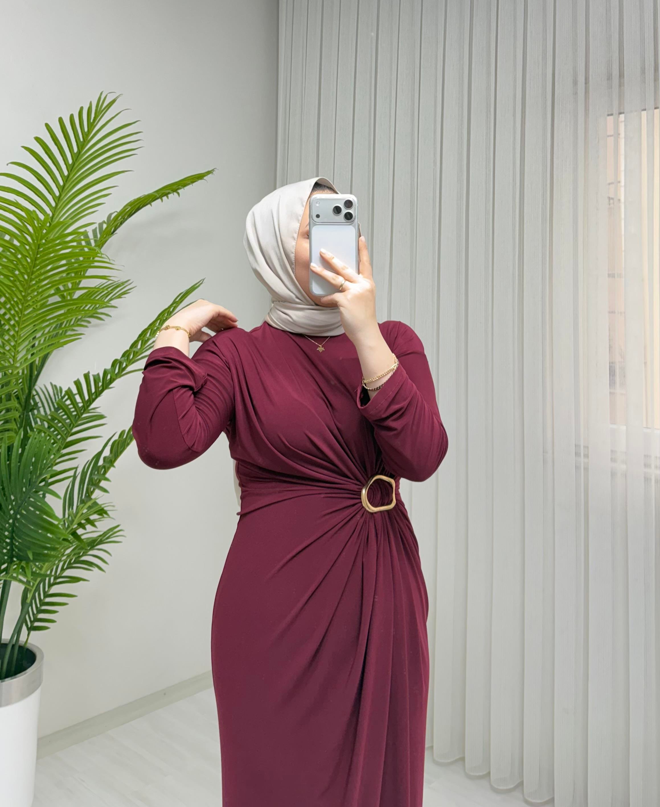 Qup Hiva Sendy Kumaş Tokalı Elbise Bordo