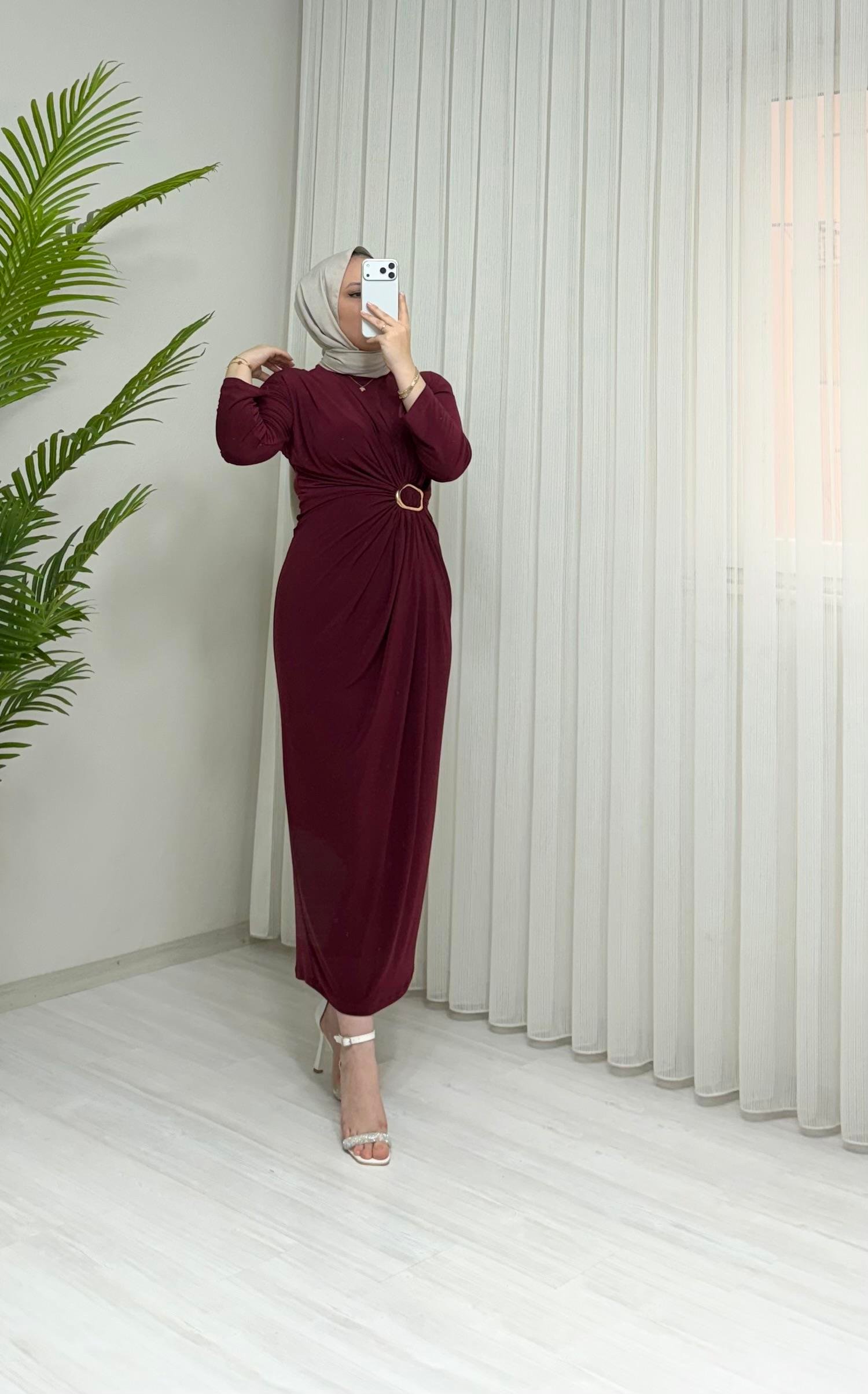 Qup Hiva Sendy Kumaş Tokalı Elbise Bordo
