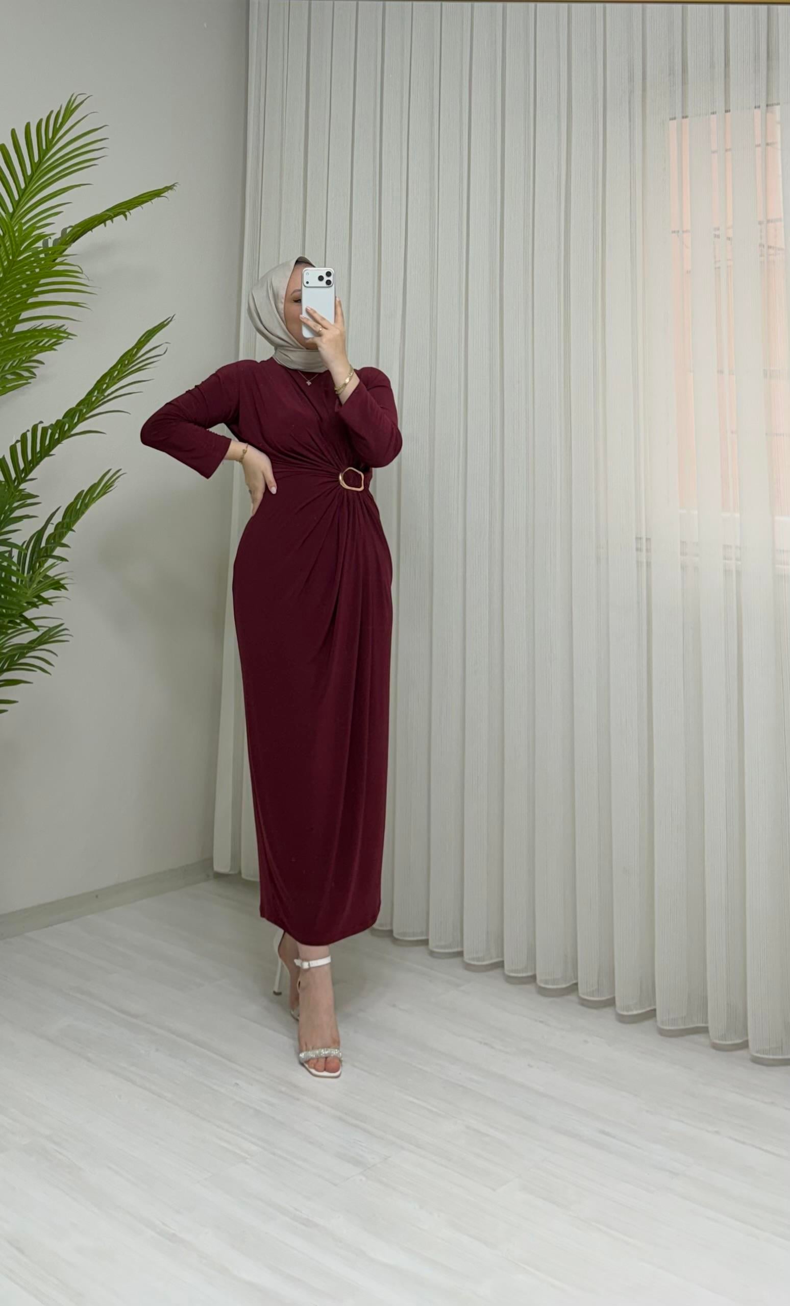 Qup Hiva Sendy Kumaş Tokalı Elbise Bordo