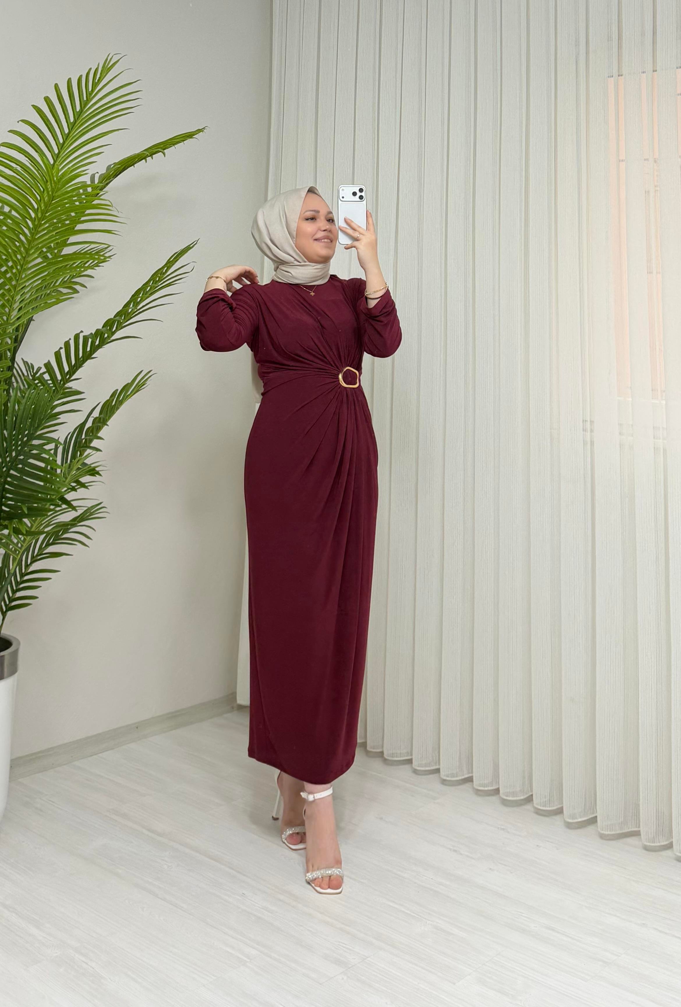 Qup Hiva Sendy Kumaş Tokalı Elbise Bordo