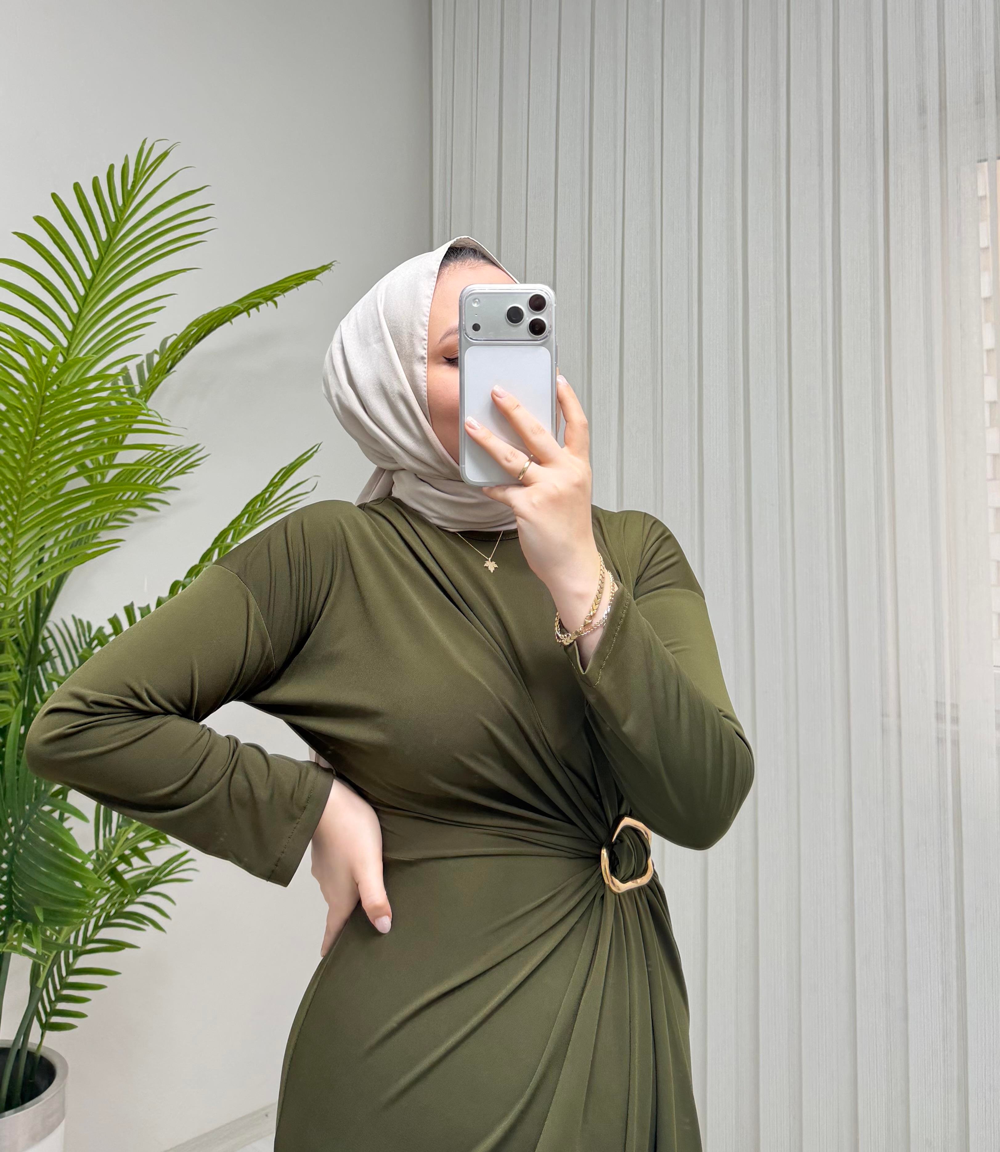 Qup Hiva Sendy Kumaş Tokalı Elbise Haki