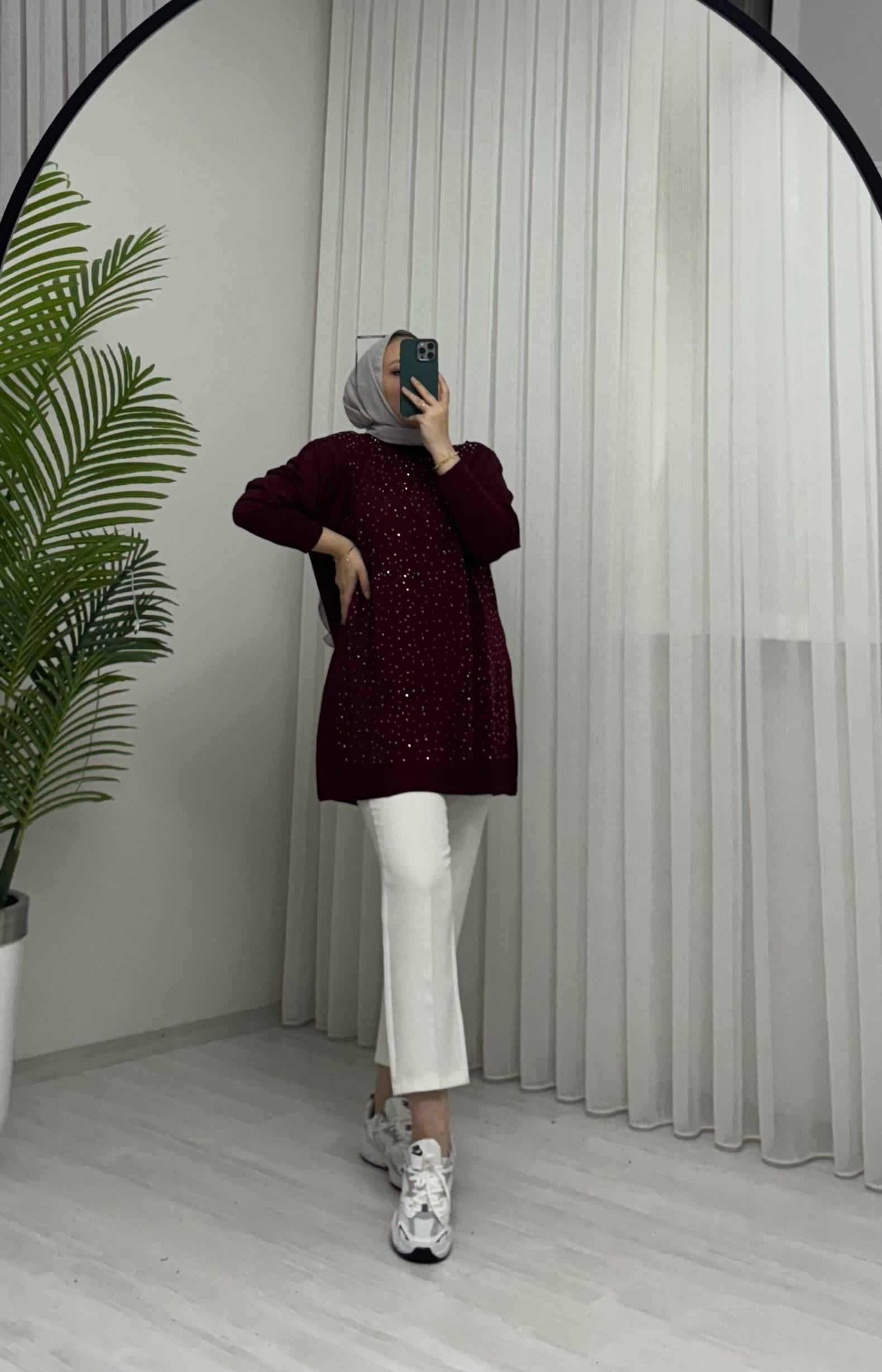 Qup Merserize Taşlı Tunik Bordo