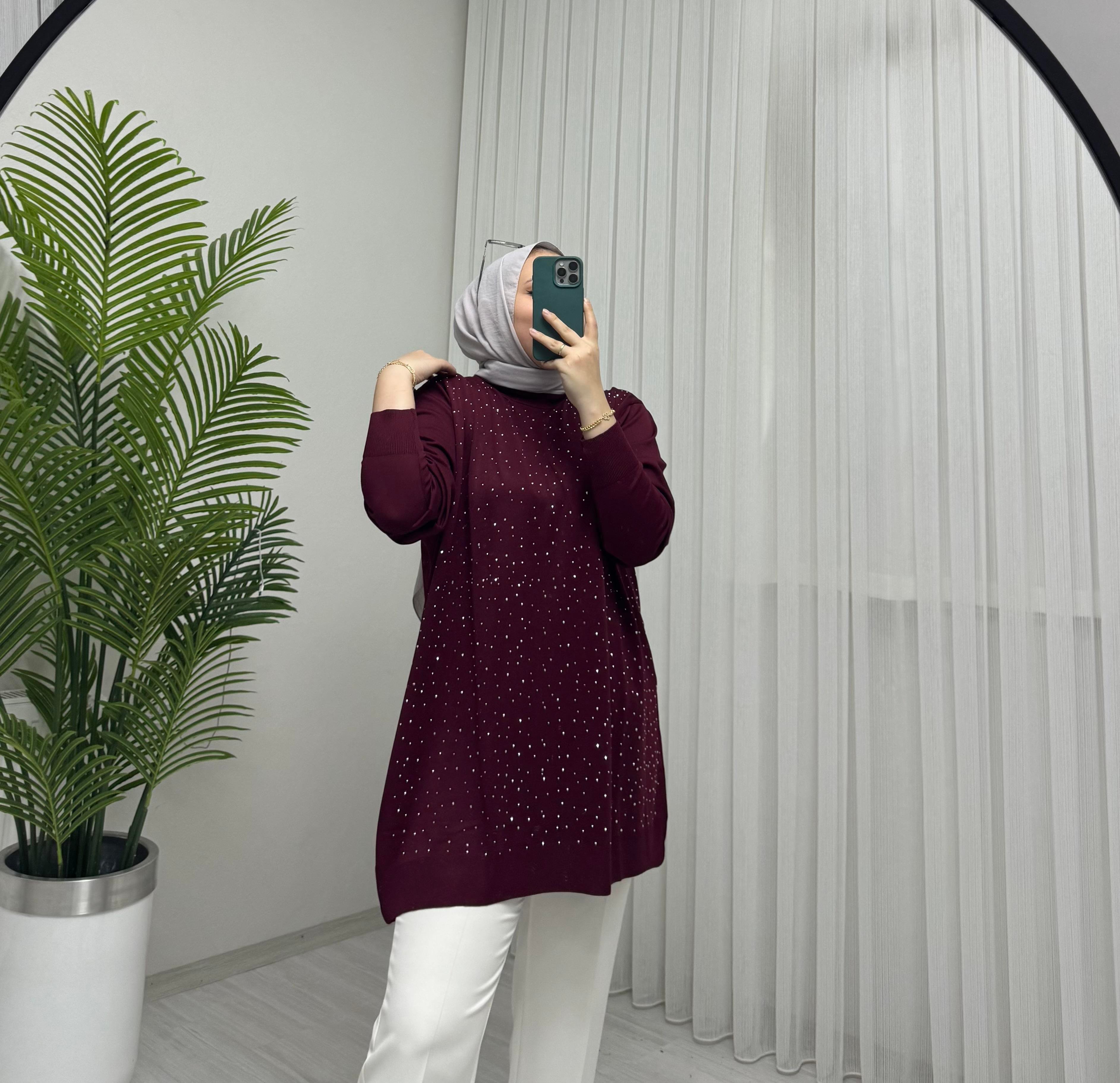 Qup Merserize Taşlı Tunik Bordo