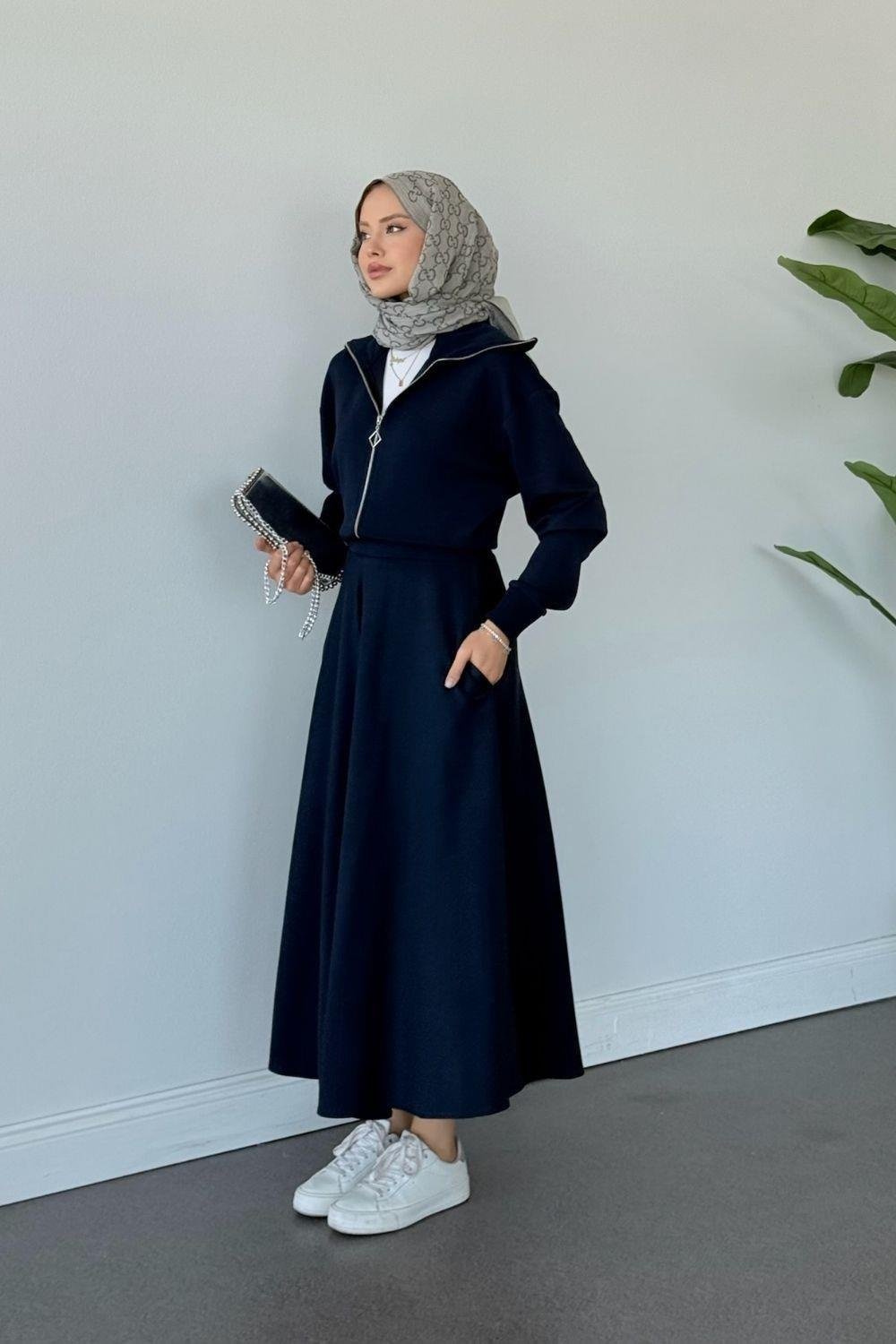 Qup Moda Ribanalı Etekli Takım Lacivert 