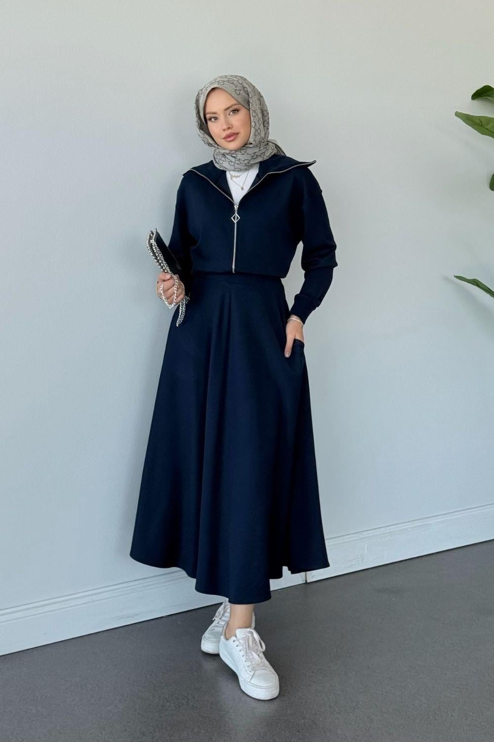 Qup Moda Ribanalı Etekli Takım Lacivert 