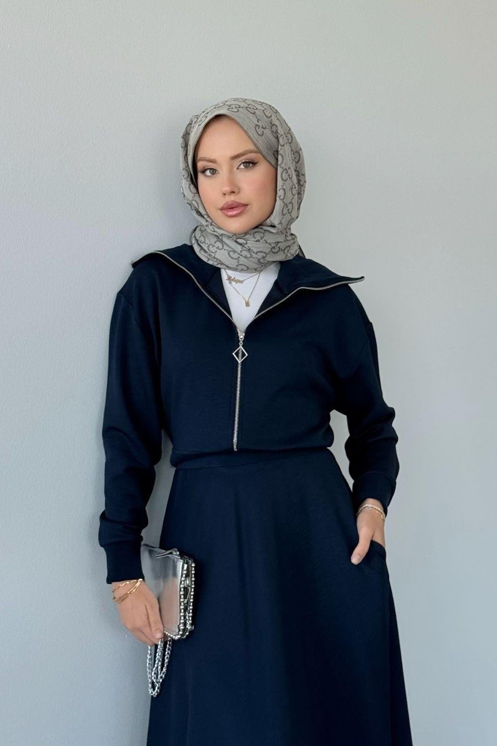 Qup Moda Ribanalı Etekli Takım Lacivert 