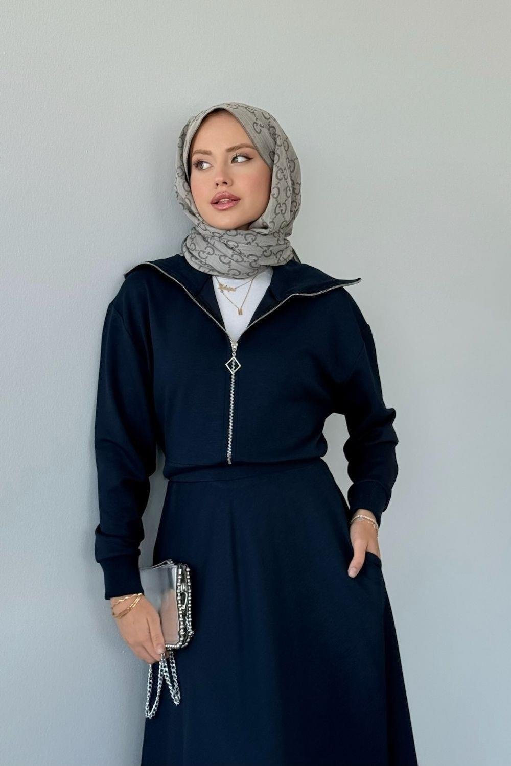 Qup Moda Ribanalı Etekli Takım Lacivert 