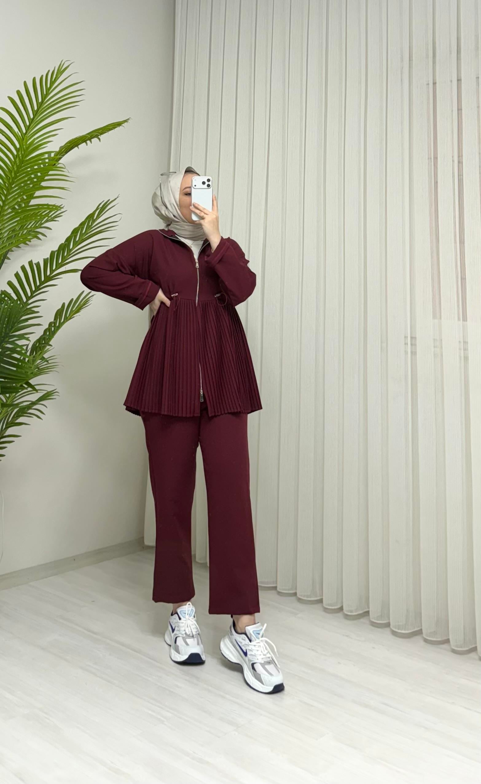 Qup Pile Detaylı Krep Takım Bordo
