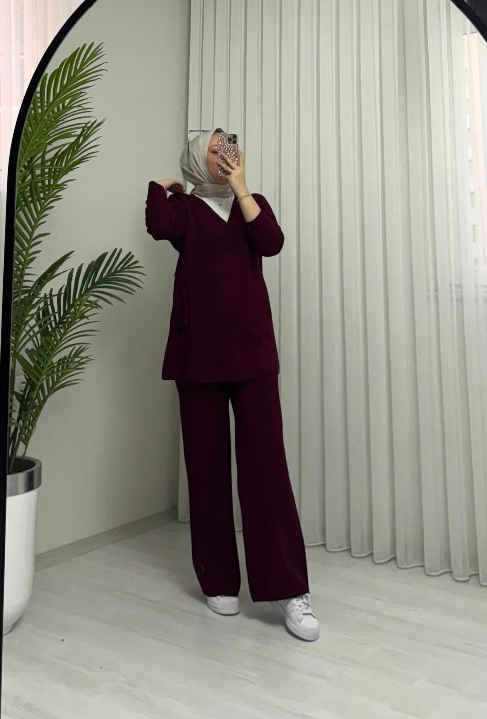 Qup Triko Hırkalı Bağlamalı Takım  Bordo