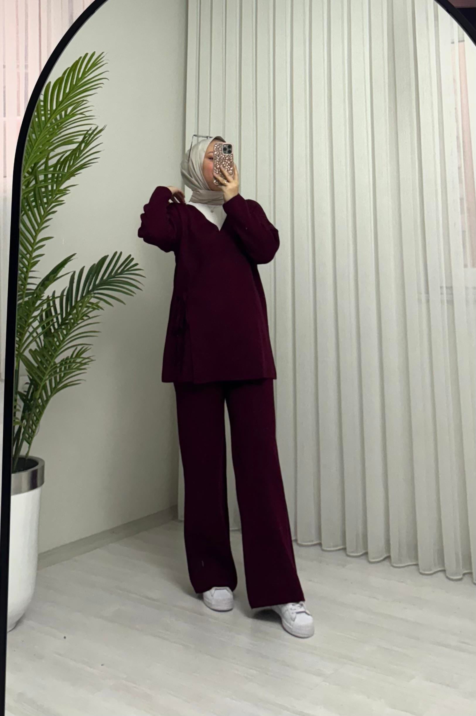 Qup Triko Hırkalı Bağlamalı Takım  Bordo