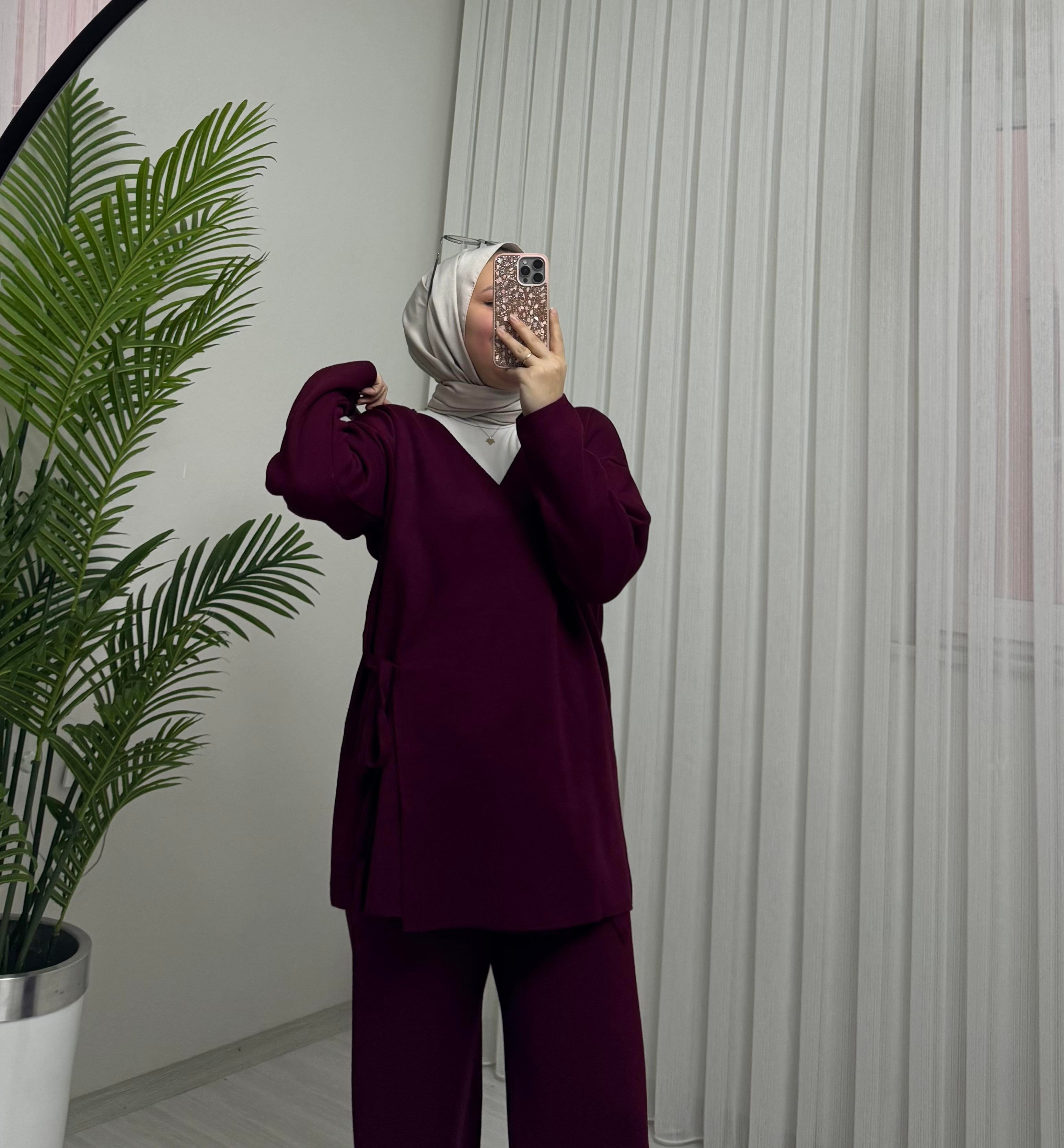 Qup Triko Hırkalı Bağlamalı Takım  Bordo