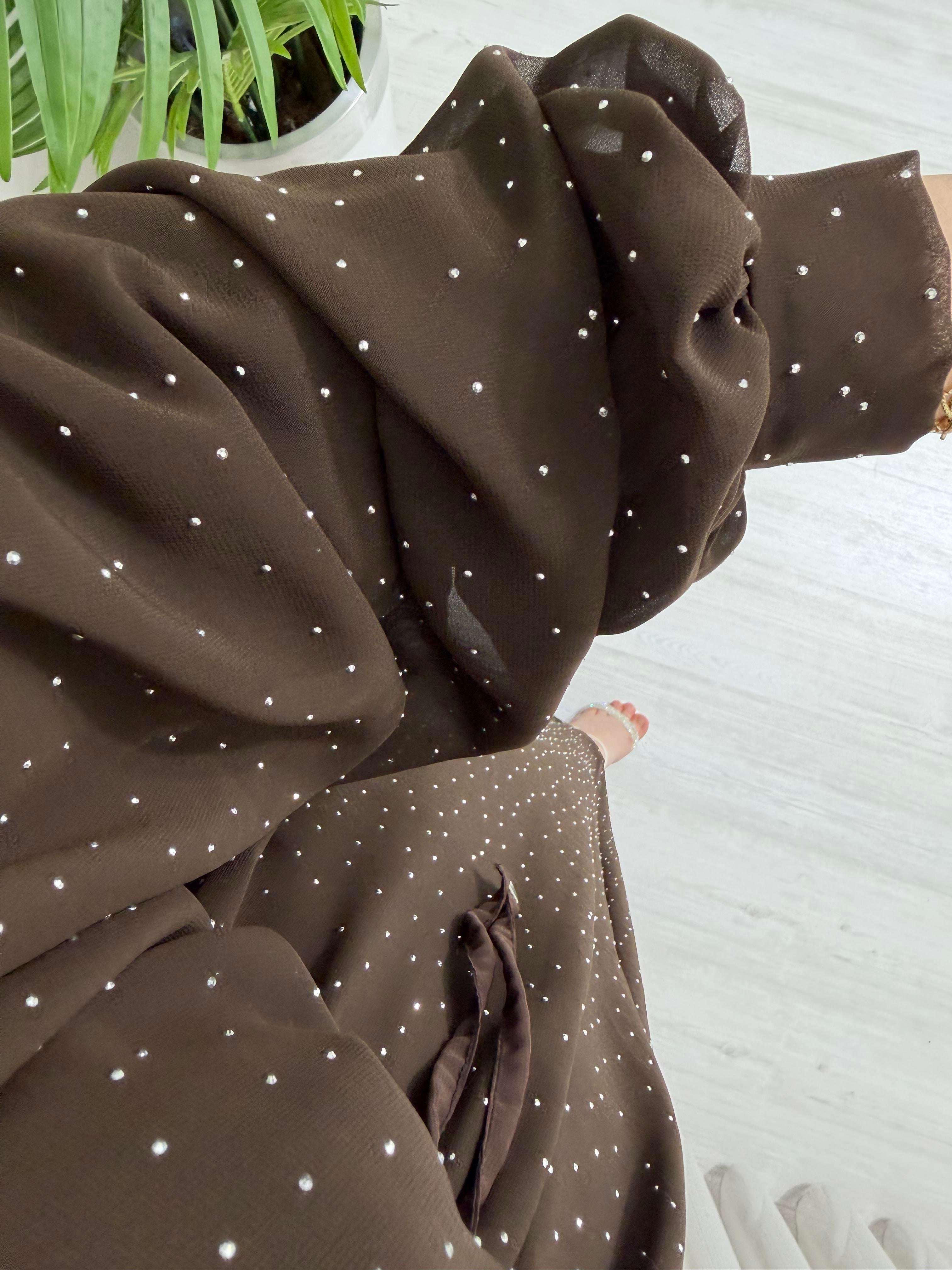 Sole Taşlı Astarlı Şifon Elbise Kahve