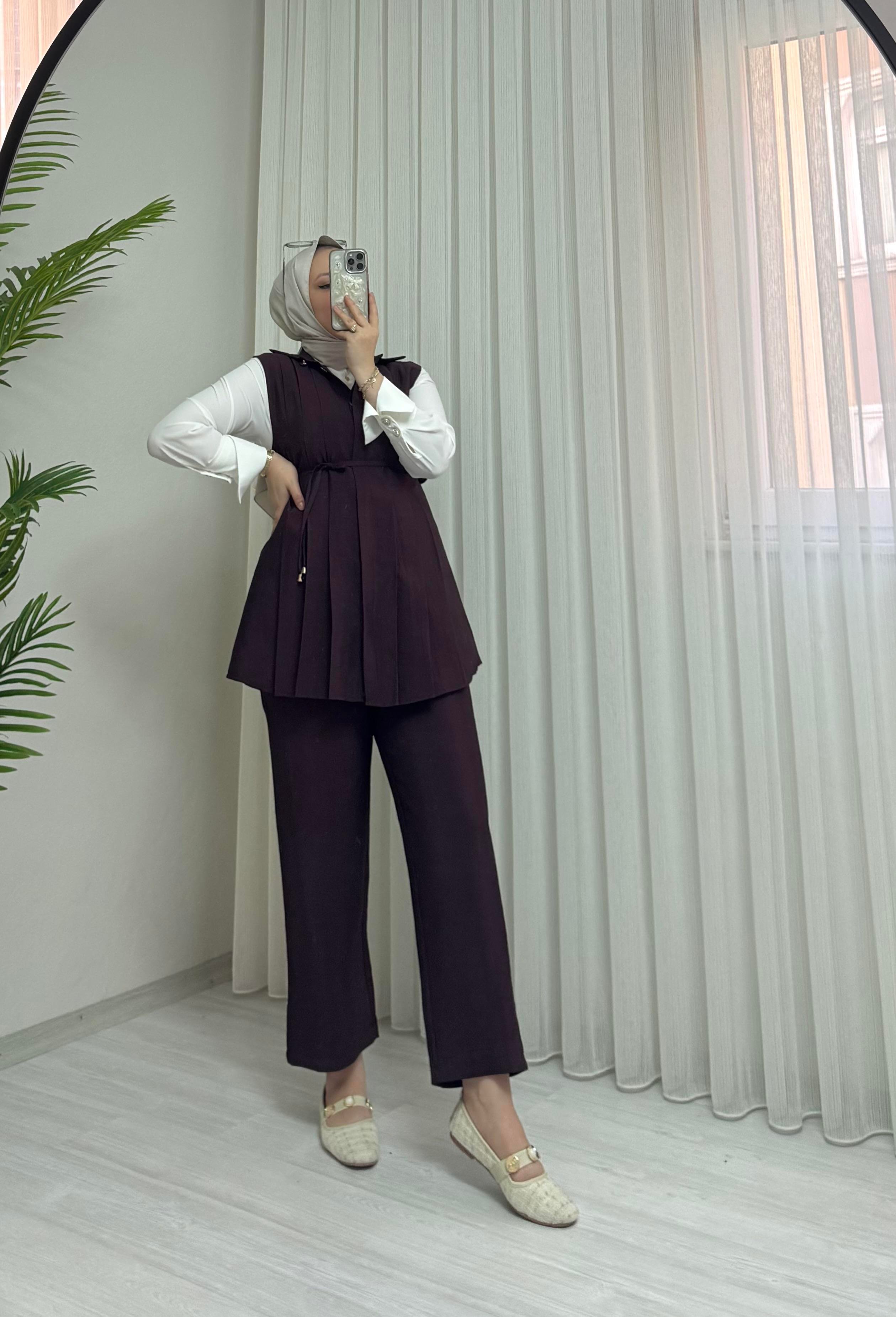 Sole Zara Kupra Üçlü Pileli Takım Bordo