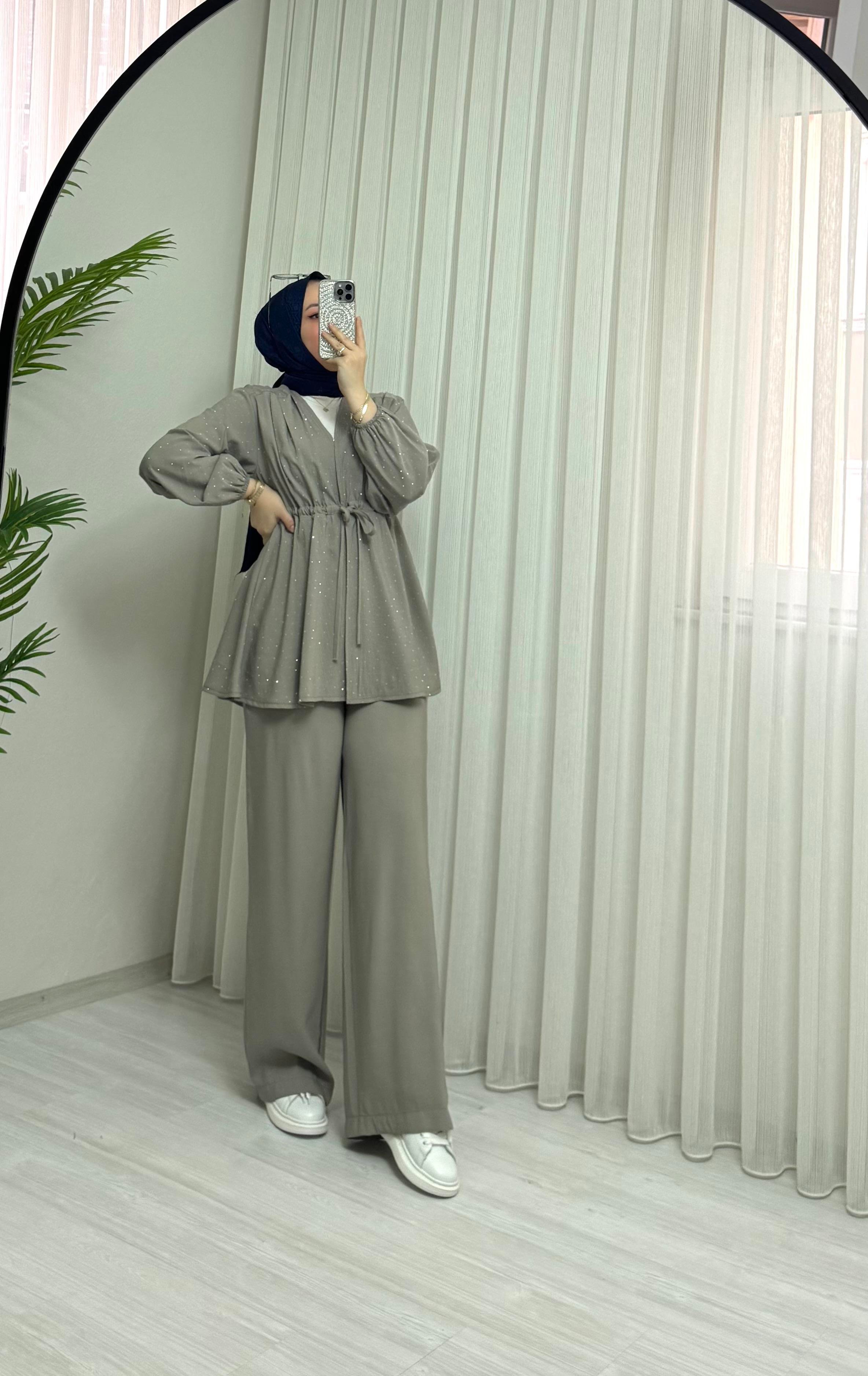 Taba Pırlantalı Modal Kumaş Takım Bej 