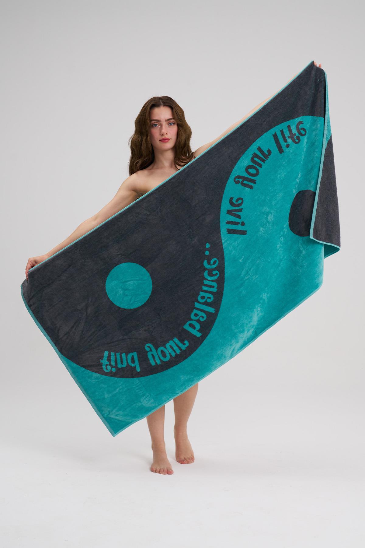 100% Pamuk Yin Yang Tasarım Plaj Havlusu - Havuz Havlusu - Beach Towel - 80x160cm