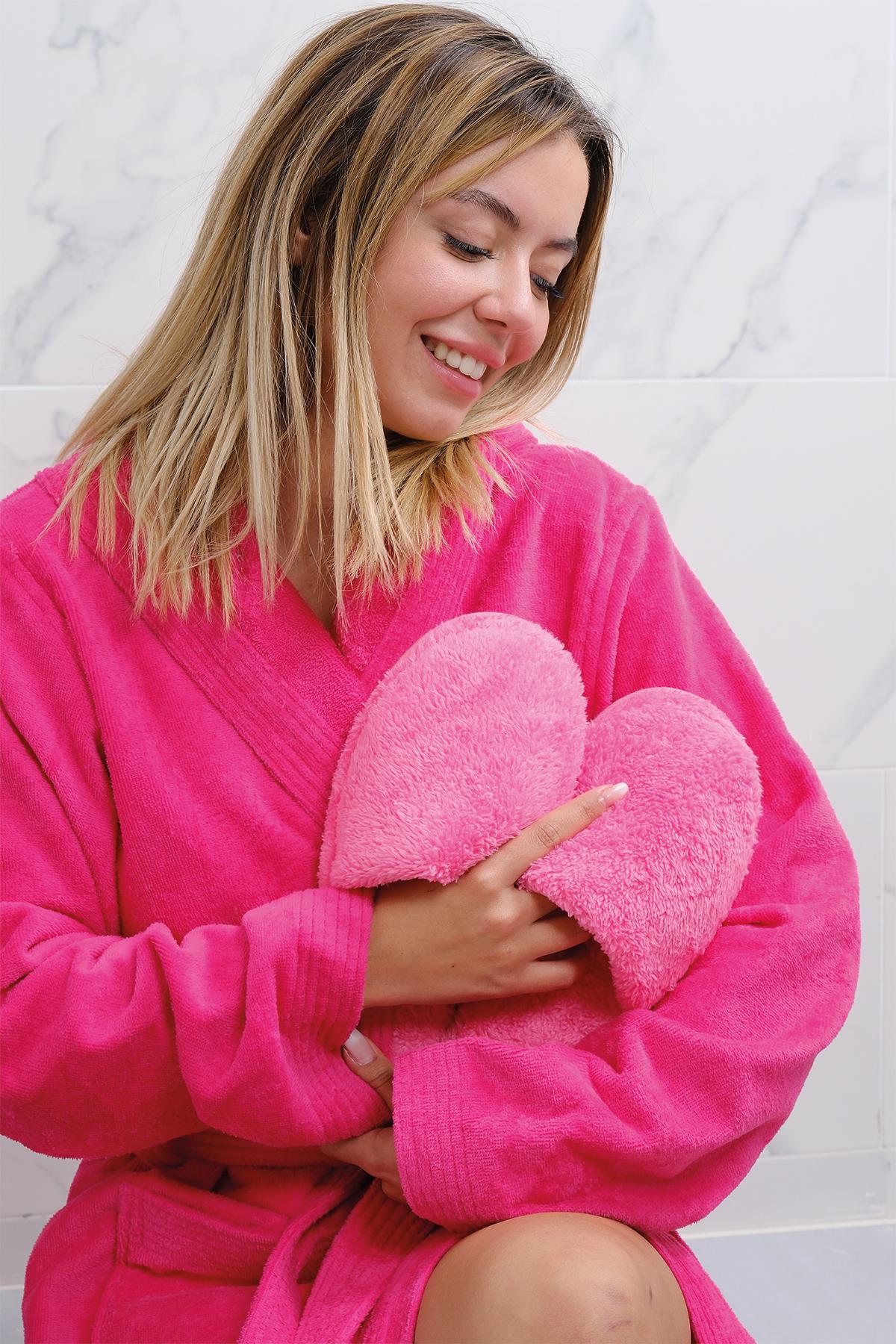 Homelover %100 Pamuk Ekstra Yumuşak Fuşya Kapşonlu Kadın Bornoz