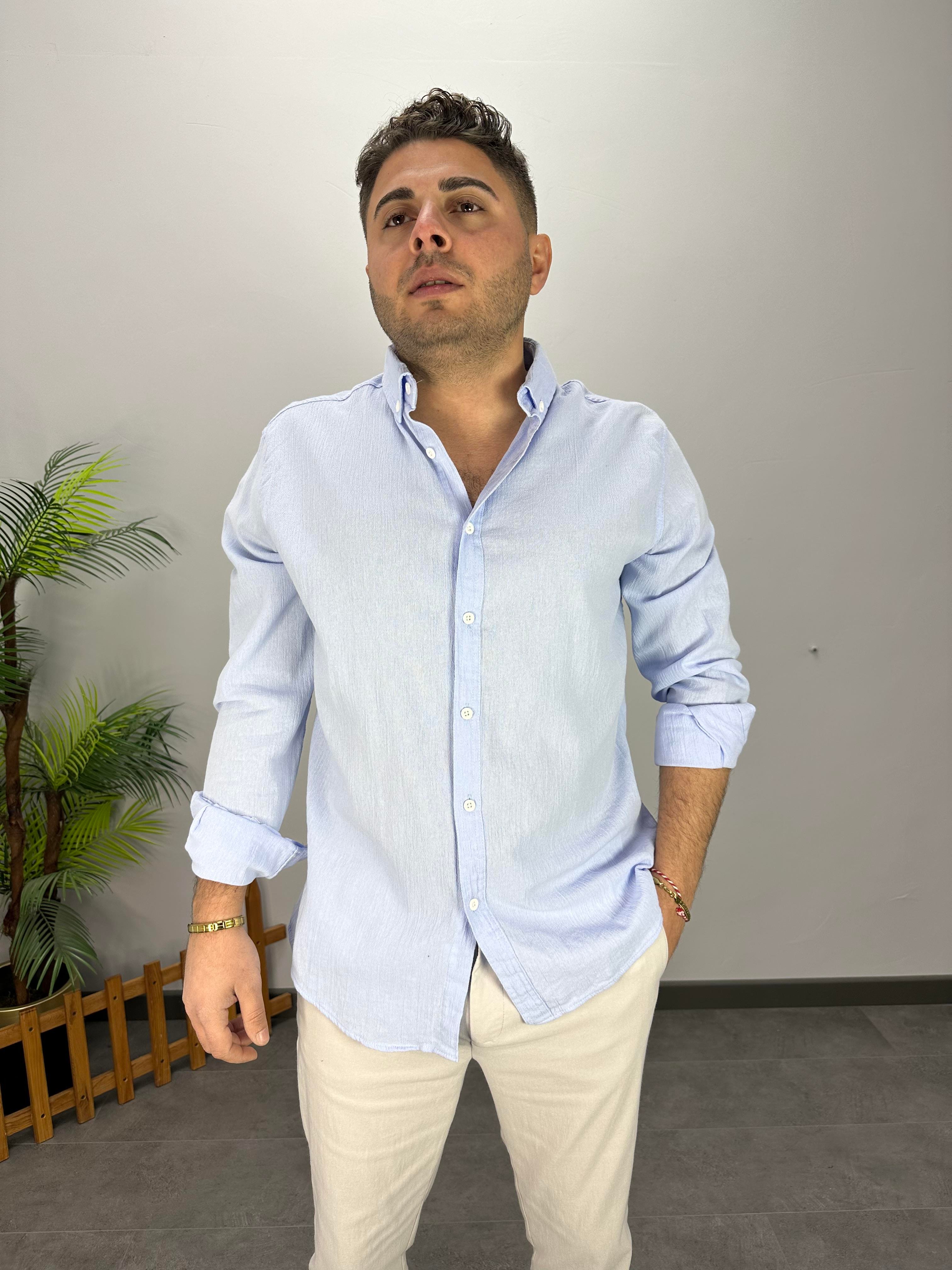 BEBE MAVİ KETEN KRİNKIL OVERSİZE GÖMLEK