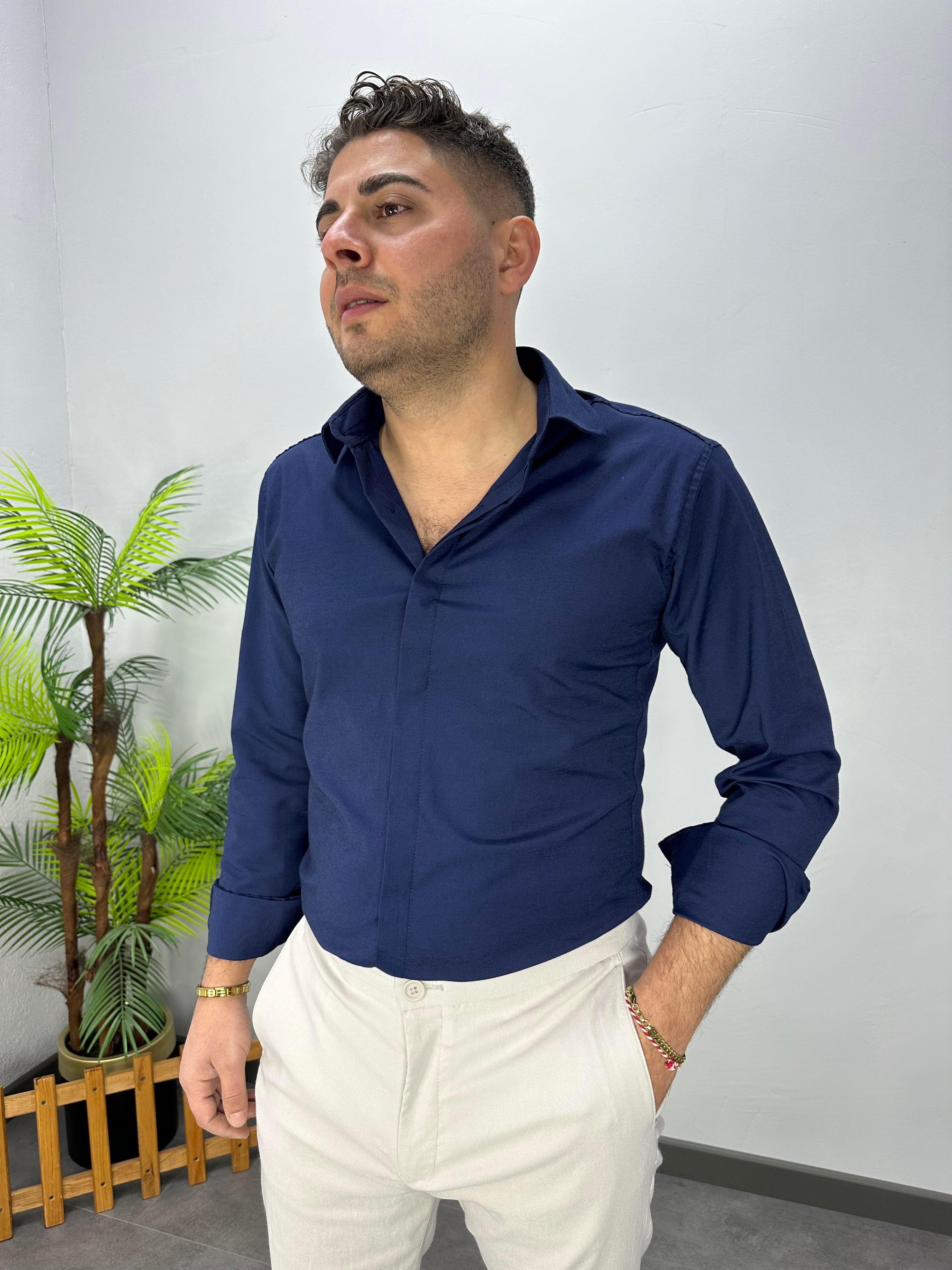 LACİVERT GİZLİ PAT SLİM GÖMLEK