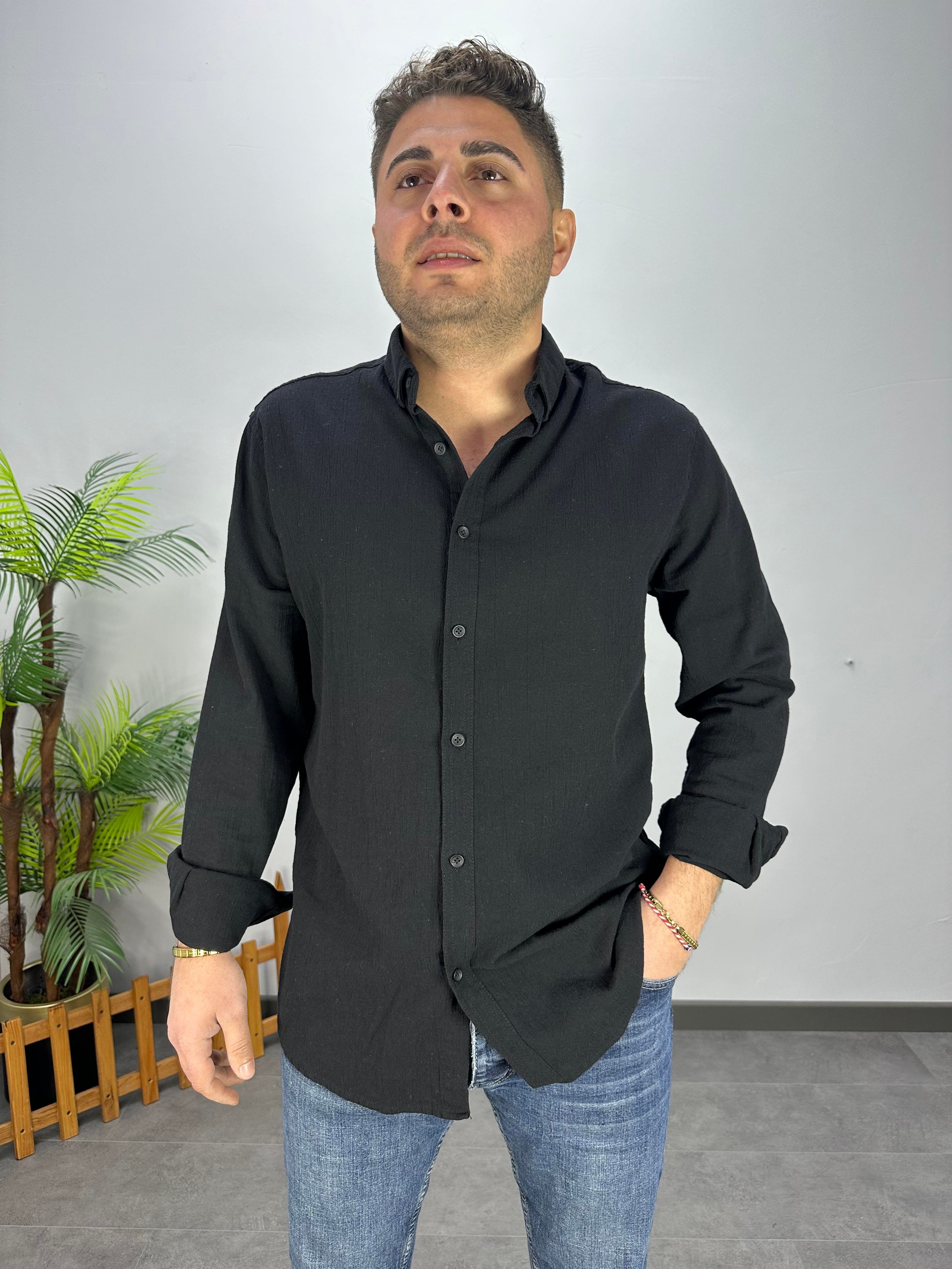 SİYAH KETEN KRİNKIL OVERSİZE GÖMLEK