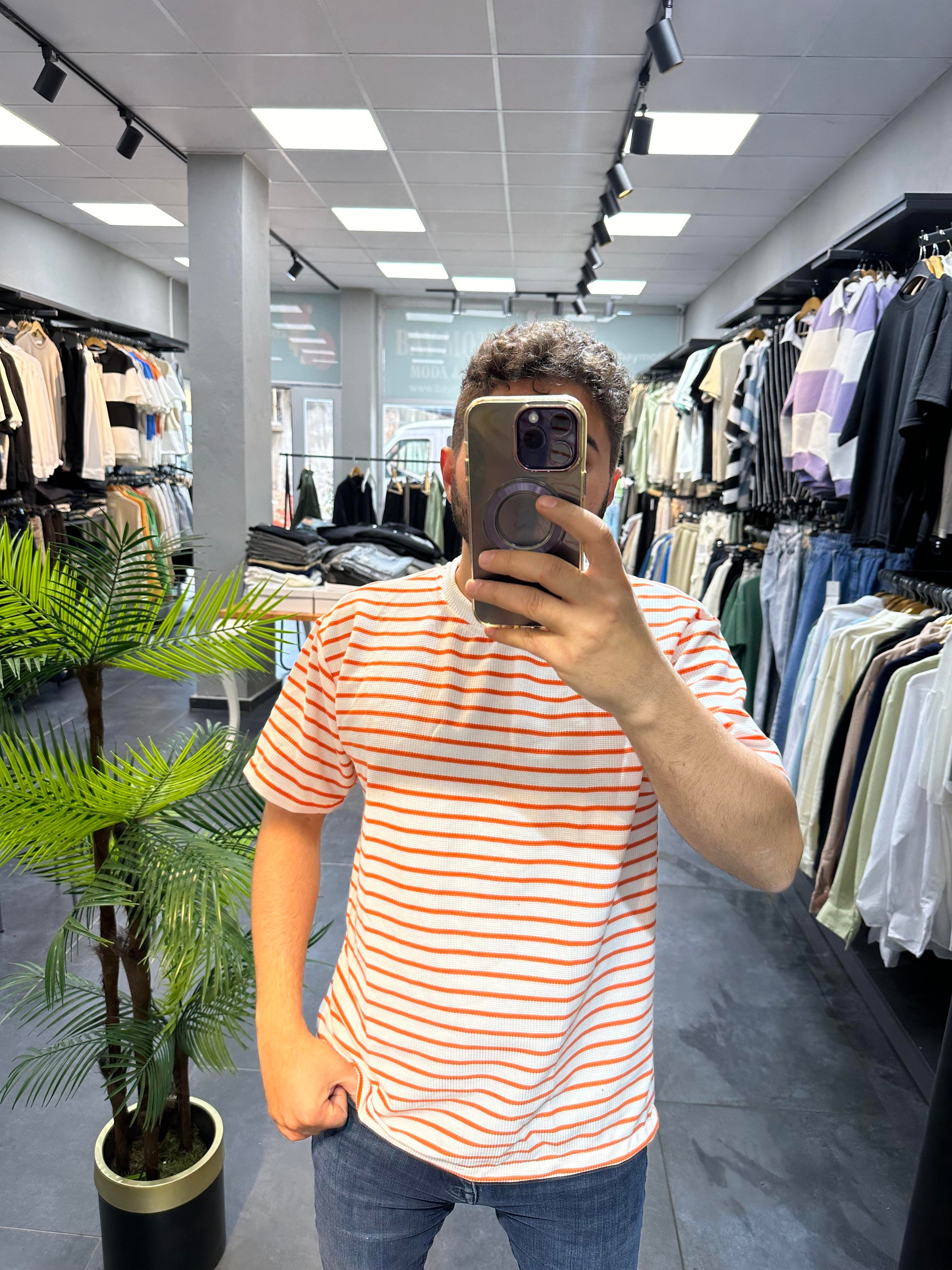 YARIM OVERSİZE PAMUK ÇİZGİLİ TSHİRT
