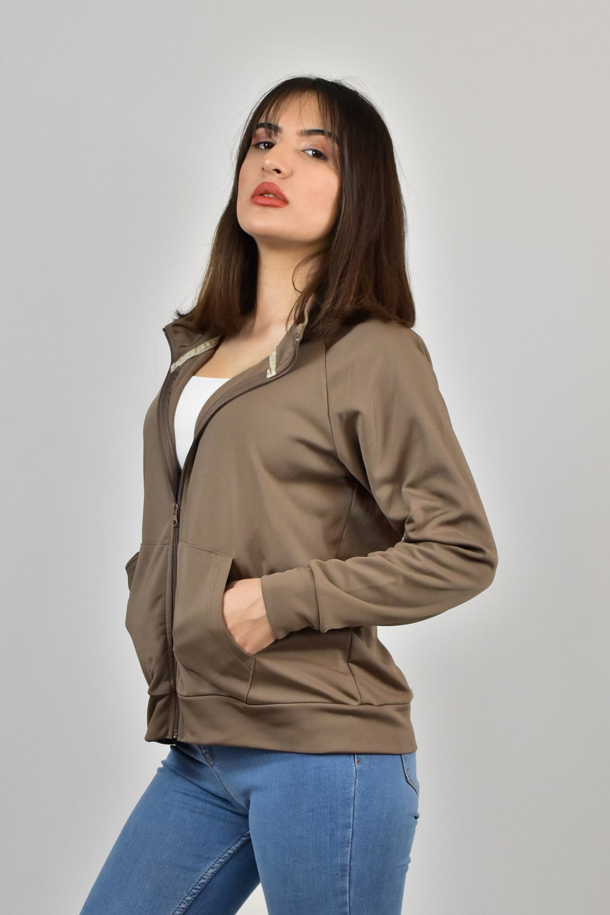 AKAT DİK YAKA FERMUARLI SWEATSHİRT KAHVERENGİ